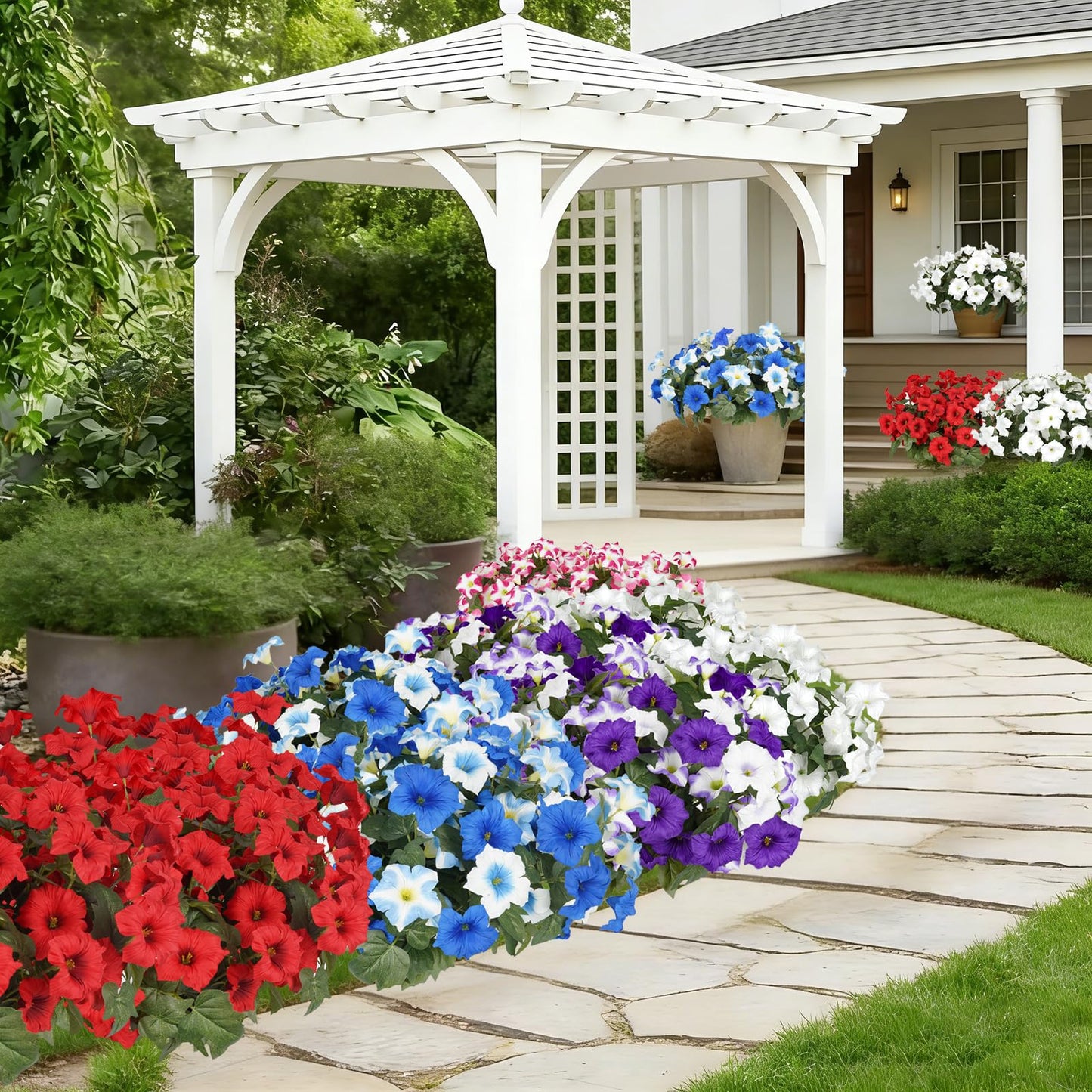 Artificial Flowers for Outdoors, Faux Petunias Spring Summer Decoration, Fake Flowers Plants UV Resistant Look Real Silk Flowers for Outside Planter Front Door Porch Patio Yard (12, Blue-White)