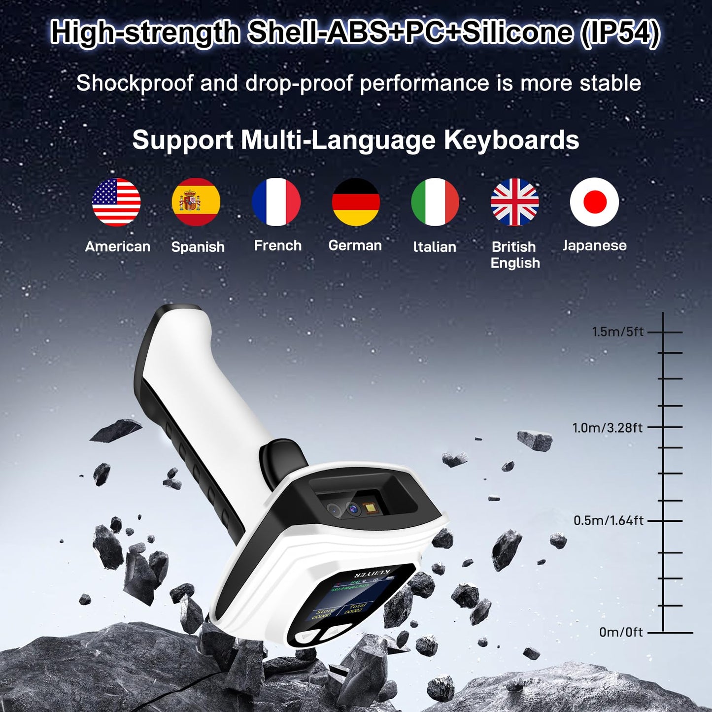 KUIIYER 1D QR 2D Barcode Scanner, Bluetooth Wireless Bar Code Scanners with Setting Keypad & LCD Screen Display & AI Voice, Handheld Barcode Reader for iPhone, Android, iPad, Tablet, Computers & POS