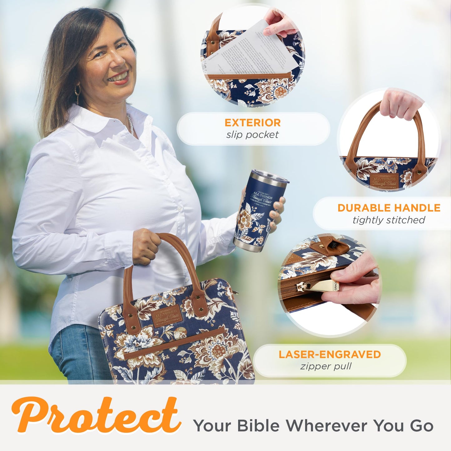 Christian Art Gifts Fashion Vegan Leather Purse Style Bible Cover Case for Women: All Things Through Christ Gold Inspirational Scripture, Pen Loops, Two Handles, Pockets, Navy & Brown Floral, XL