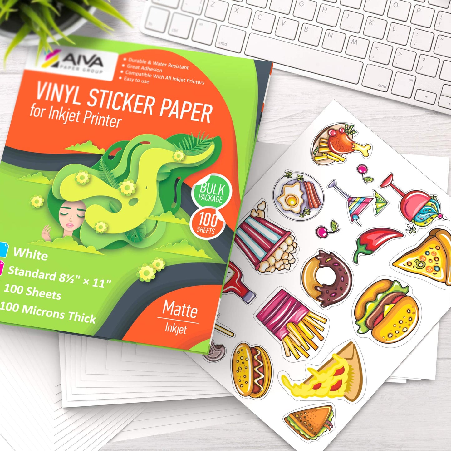 Printable Vinyl Sticker Paper for Inkjet Printer - Matte White - 100 Self-Adhesive Sheets - Waterproof Decal Paper - Standard Letter Size 8.5"x11"