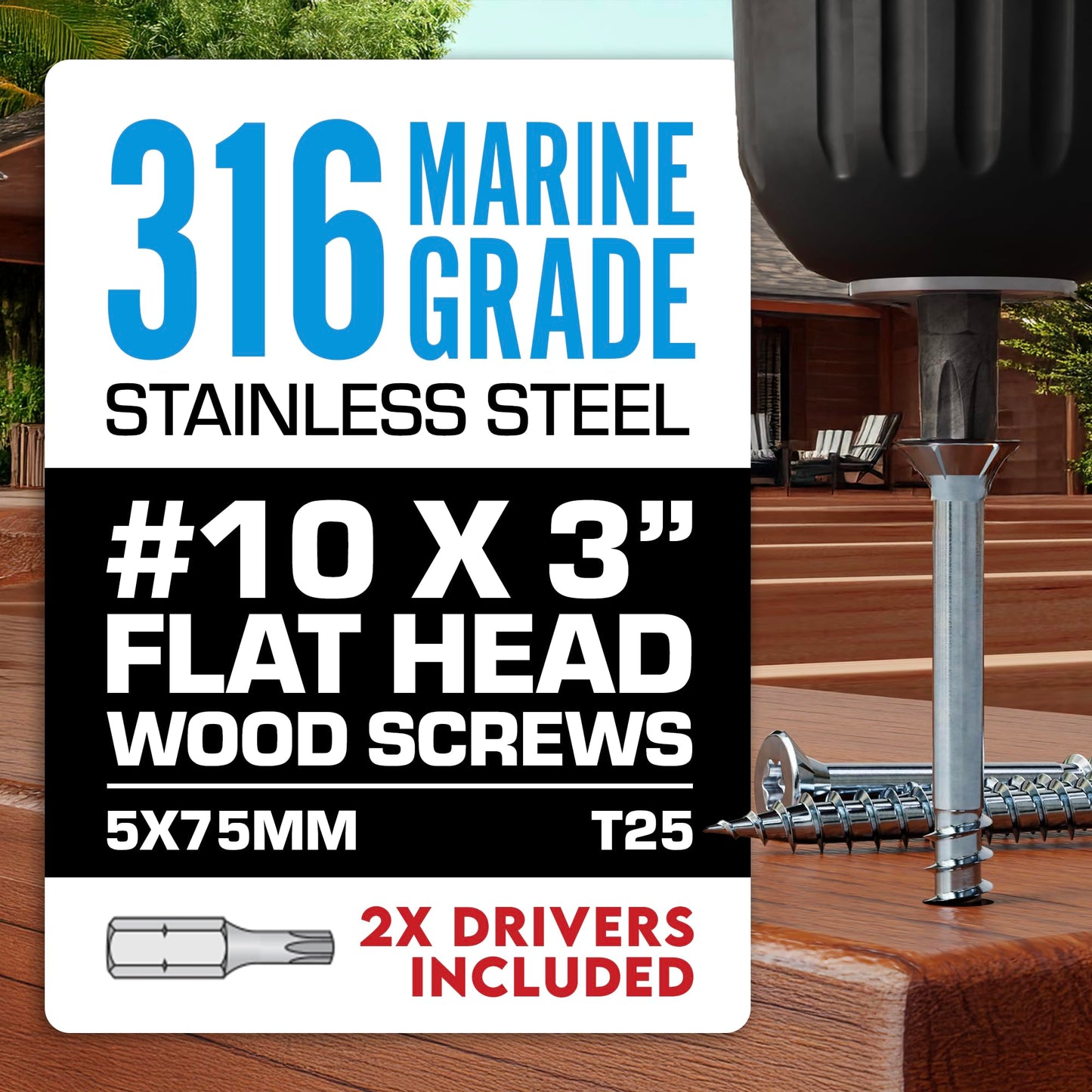 #10 x 3 Inch 316 Stainless Steel Screws Marine Grade (350 Pack, T25 Star) | Stainless Steel Wood Screws w/Driver Bit by Eagle Claw Fasteners | High Corrosion Resistance for Coastal Construction