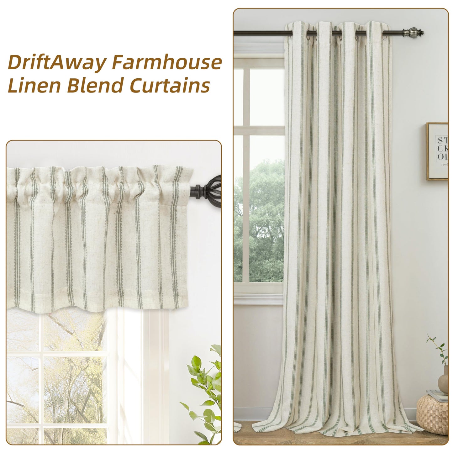 DriftAway Farmhouse Linen Blackout Curtains 84 Inches Long for Bedroom Striped Double Layer Thermal Insulated Sound Reducing Lined Grommet Rustic Drapes for Living Room 2 Panels W52 x L84 Loden Green