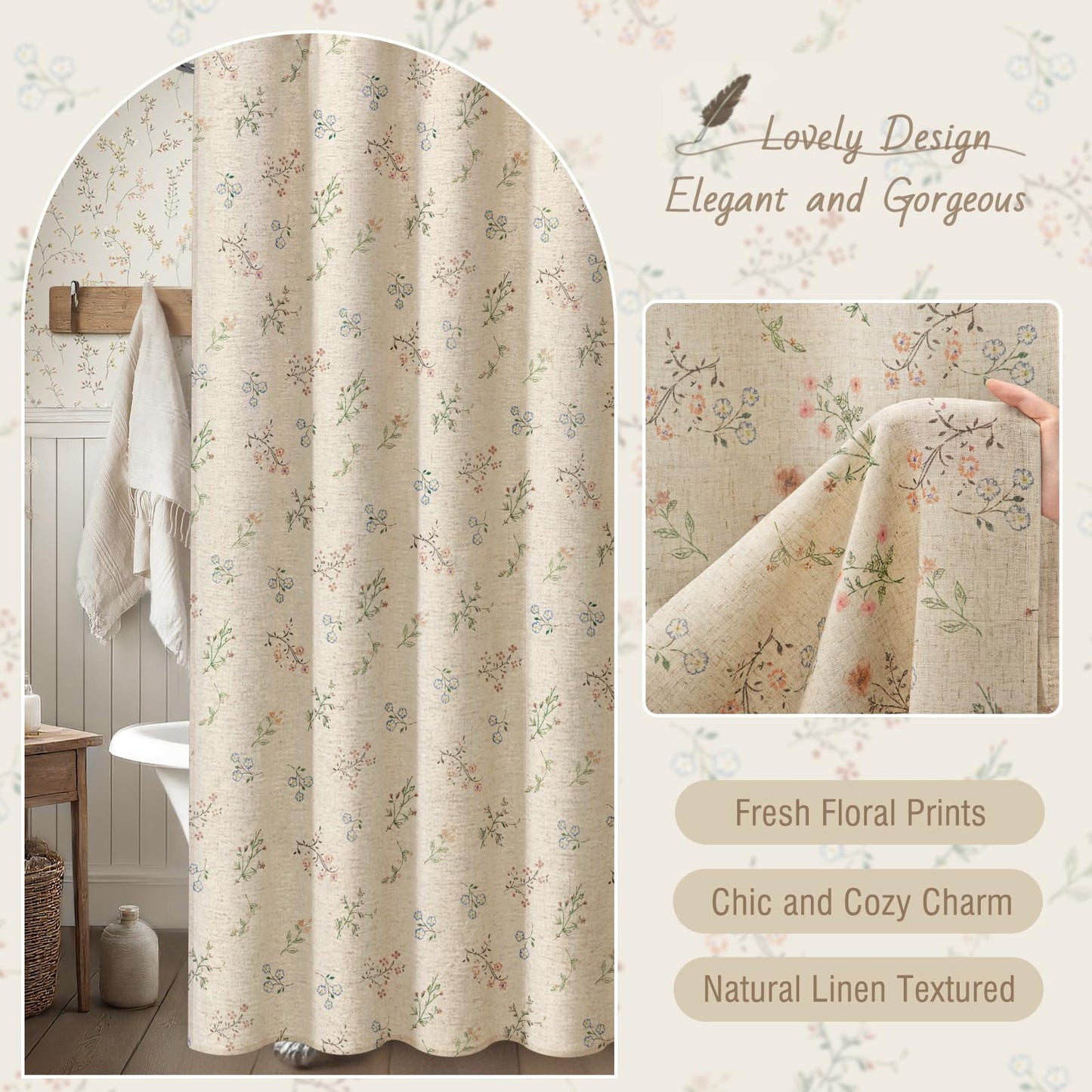 XOGUIBO Floral Farmhouse Vintage Linen Shower Curtain, French Country Spring Shower Curtains for Bathroom, 72Wx72H