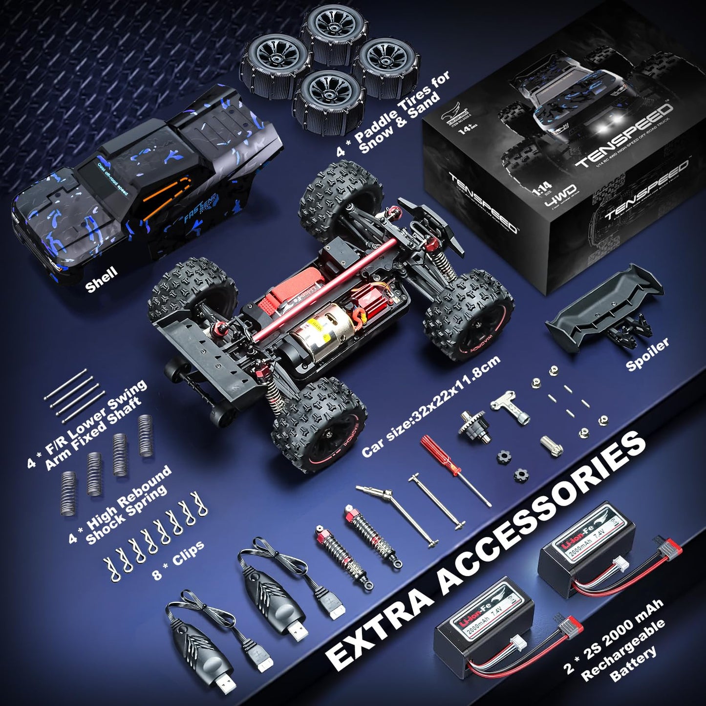 1/14 Scale RC Cars for Adults, 60+ KM/H High Speed RC Truggy, 4X4 Off-Road Remote Control Truck, Waterproof Electric Car with 2S Battery, All Terrain RC Vehicle for Snow, Sand, Beach & Rocky Surfaces