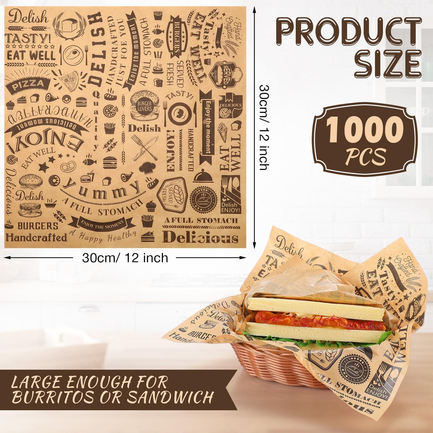 1000 Pcs 12 x 12 Inch Deli Wax Paper Sheets Grease Resistant Tray Basket Liners Newsprint Paper Water and Grease Proof Sandwich Wrapping Square Hot Dog Wrappers for Food Baking (Brown)