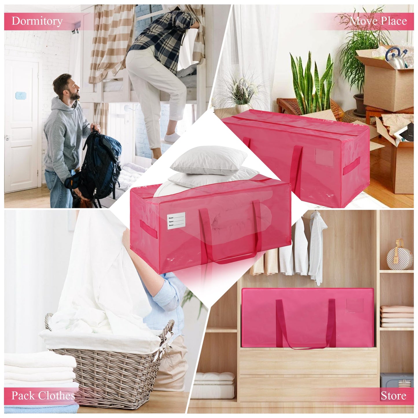 JCBZAMZ Pink 8 Pack Heavy Duty Extra Large Moving Bags with Handles, Waterproof Foldable Storage Bags, Clothing Storage Bags,Packing Moving Bags for College Supplies