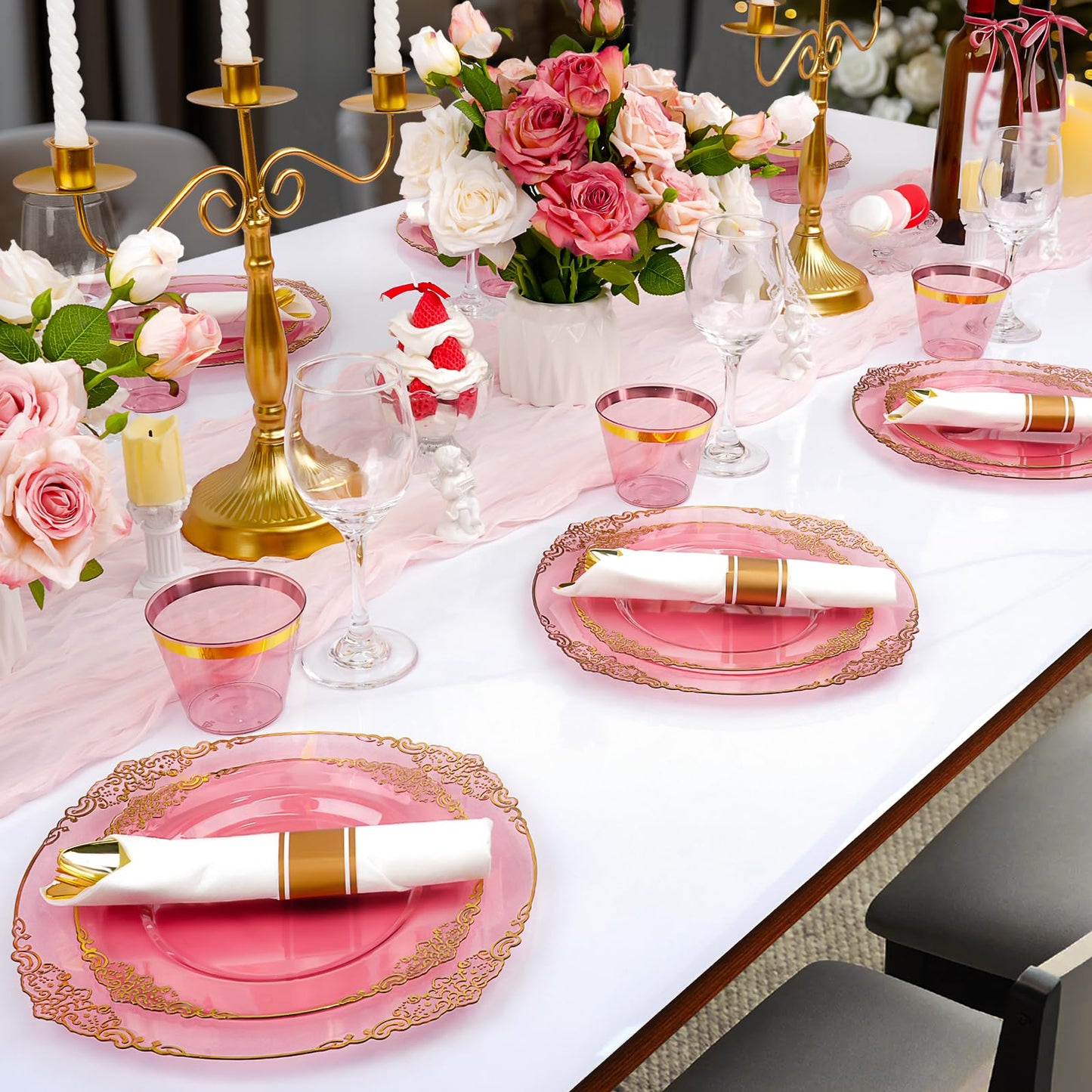 Bestluck 350 PCS Burgundy and Gold Plastic Plates, Disposable Dinnerware Set for 50 Guests, 100 Disposable Plates, 150 Silverwares, 50 Cups, 50 Napkins for Wedding, Party, Graduation
