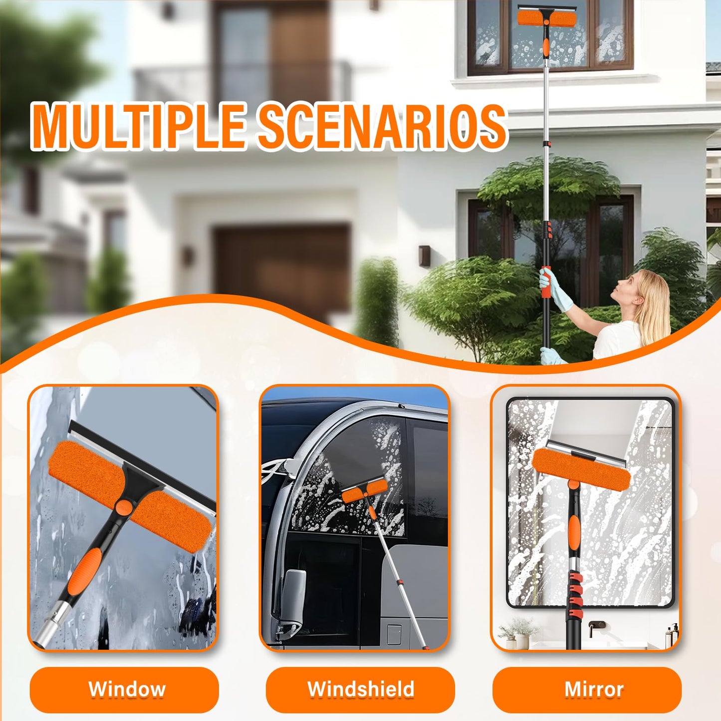 Jhkopqe 26FT Telescoping Window Squeegee Kit | 2-in-1 Professional Window Washer & Microfiber Scrubber with Extension Pole | High Reach Cleaning Tool for Outdoor, Indoor Windows & Glass
