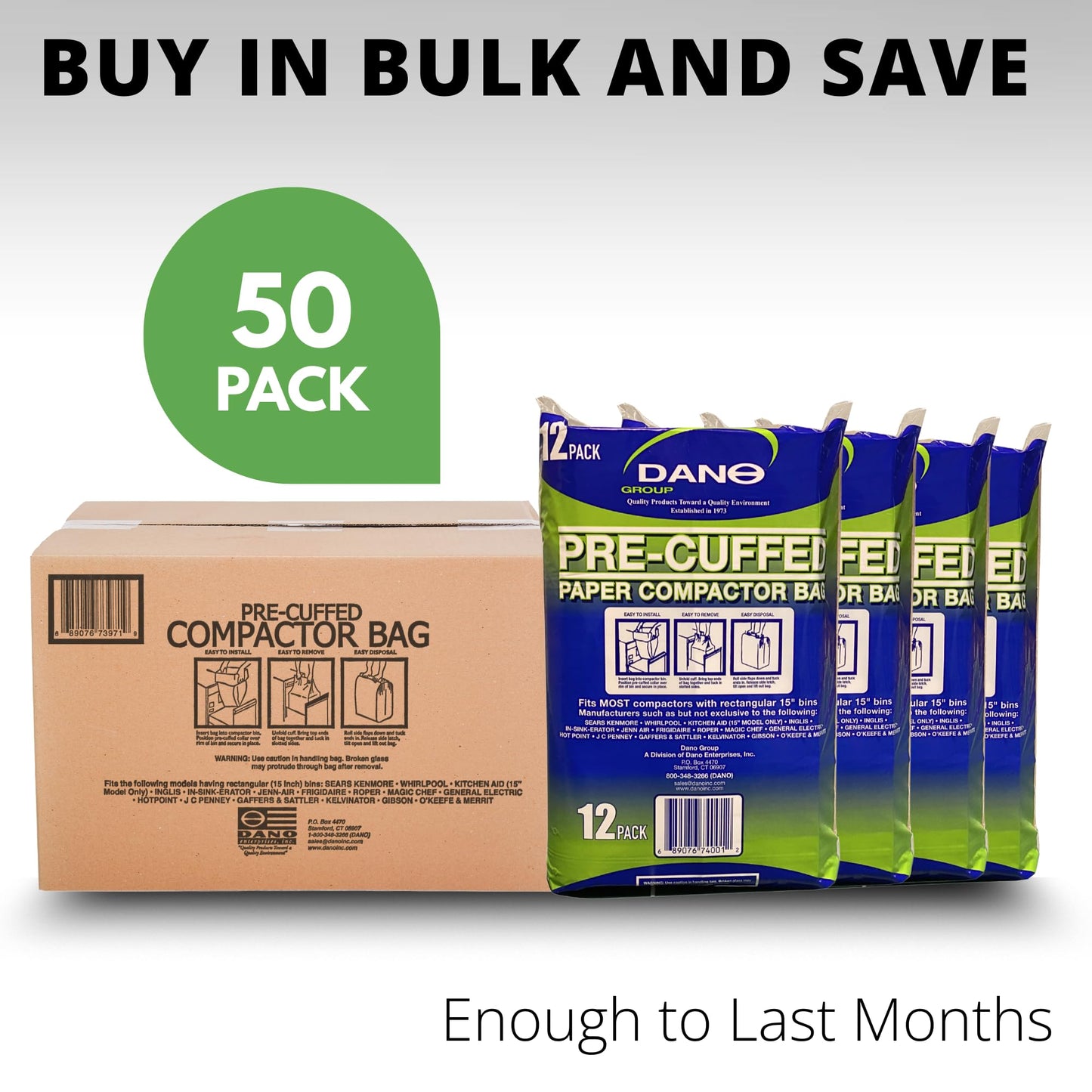 Dano Pre-Cuffed Paper Trash Compactor Bags (12 Pack) | Heavy Duty Kitchen Garbage Compactor Bags & Liners | 11 Gallon Precuffed Garbage Bag for Compactor | Eco-Friendly Trash Compactor Bag
