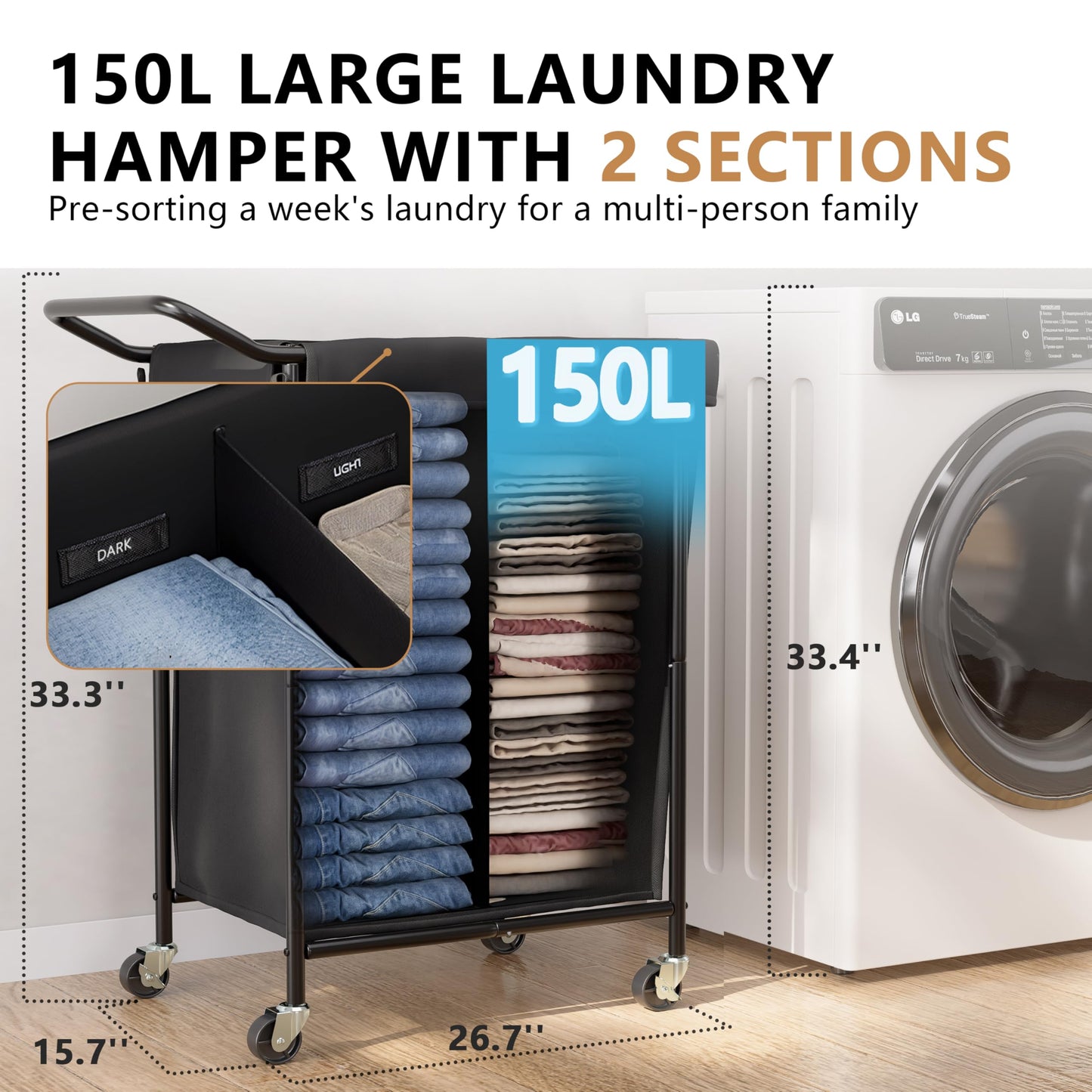 150L Laundry Basket with Wheels, Double Rolling Laundry Hamper with Metal Frame and Removable Bag, Dirty Clothes Hampers for Bedroom, Bathroom, Dorm Room, Black