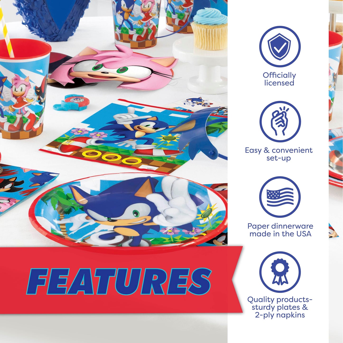 Sonic Birthday Party Decorations | Serves 16 Guests | Balloons, Masks, Banner, Tablecloth, Plates, Napkins, Candles, Sticker | Officially Licensed