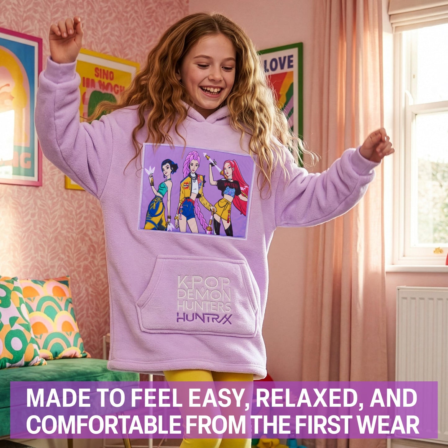 KPop Demon Hunters Huntrix Fleece Wearable Blanket Hoodie for Girls 6–14 Yrs Officially Licensed KPop Merch, Girls Gifts