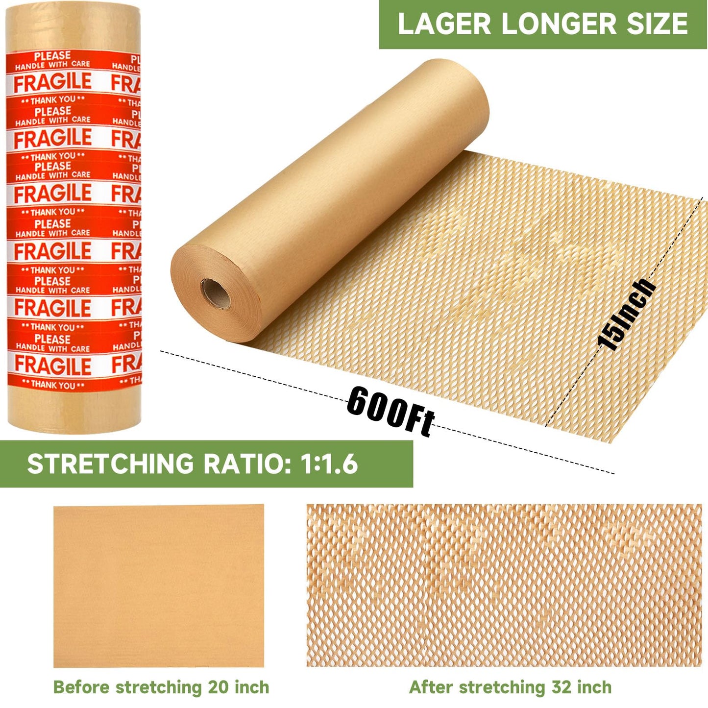 NAPALOOK Honeycomb Packing Paper Wrap 15''x600', Substitute Alternative for Bubble Cushioning Wrap for Moving Shipping Packaging, Recyclable Moving Supplies with 48 Fragile Sticker Labels