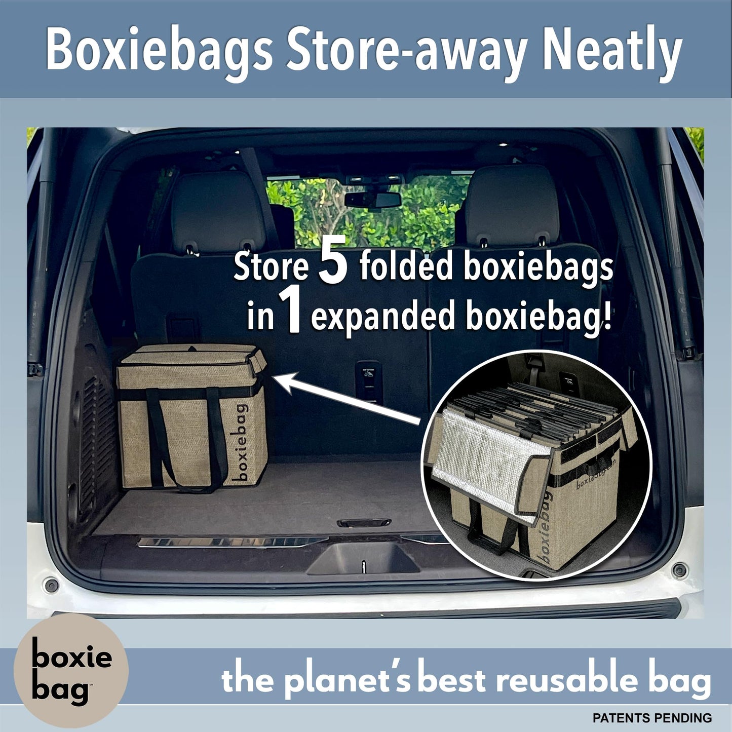 Boxiebag Reusable Grocery Bag (Single) – Durable Reusable Shopping Bag Box. Insulate, Stand Up, Stay Open, Fold Flat – Large Tote Bag with Long Handles & Reinforced Bottom. 2 Year Warranty.