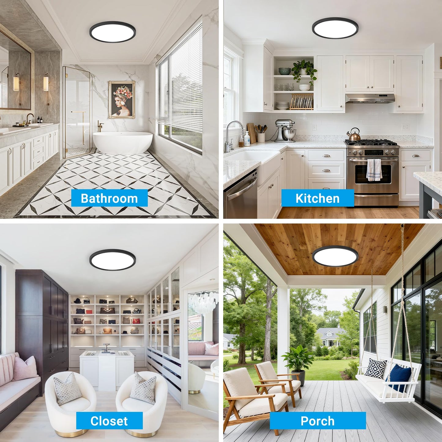 Fairdeer 4 Pack LED Flush Mount Ceiling Light,12Inch 24W,3000K/3500K/4000K/5000K/6500K 5 Color Temperatures Ceiling Light Fixture for Kitchen Porch Hallway Bedroom Bathroom and Closet,Black
