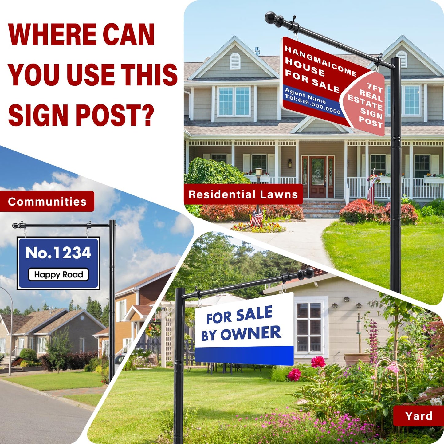 Real Estate Sign Post For Outside - Heavy Duty Metal Yard Sign Stand Pole with Anti-Tip Anchor,7ft Adjustable,Wind-Responsive Clips, Fits 18"X24" To 26" Frame For Sale,Address,Open House-Black