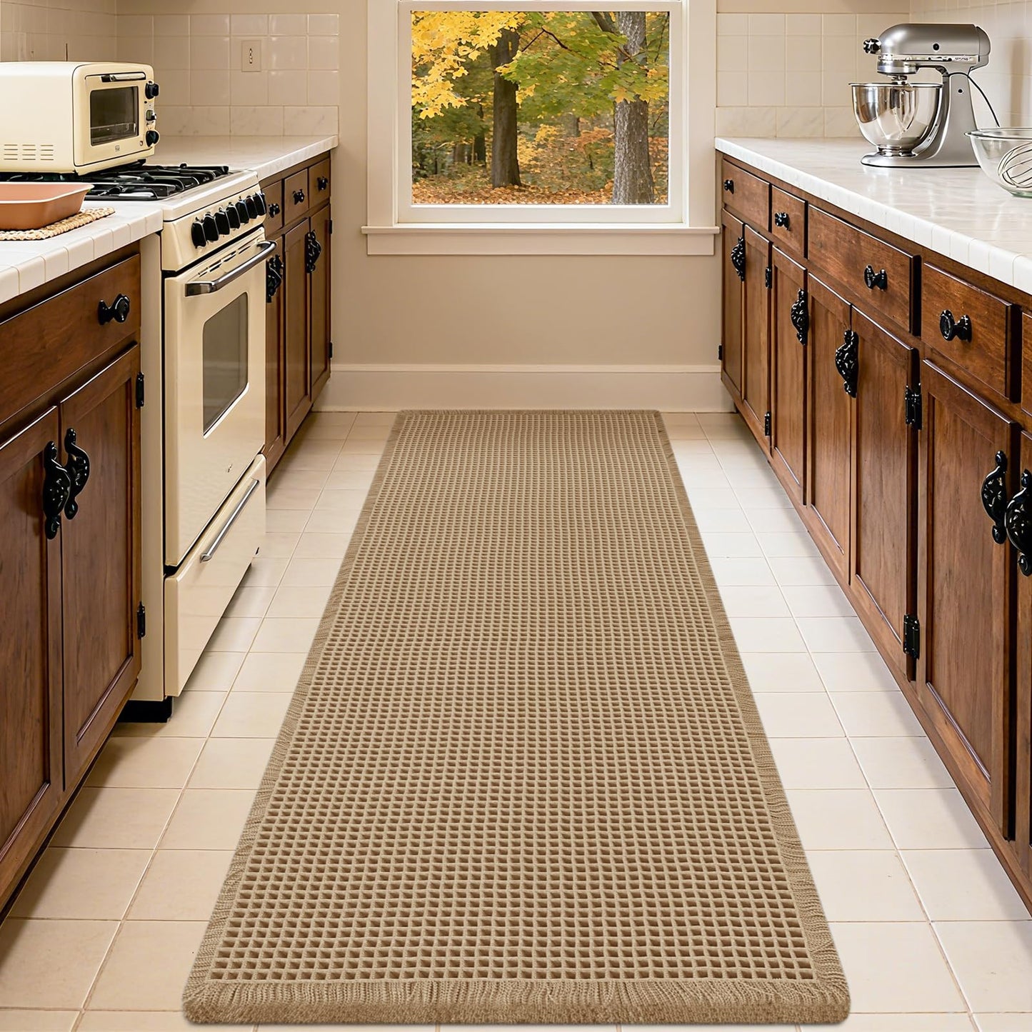IM HOME Extra Large Waffle Bath Mat Brown & Cream 6'x2', Boho Woven Modern Bath Mat Rugs, Absorbent Non Slip Bathroom Rugs, Soft Washable Bath Rugs with Tassels for Bedroom, Kitchen, Shower, Tub