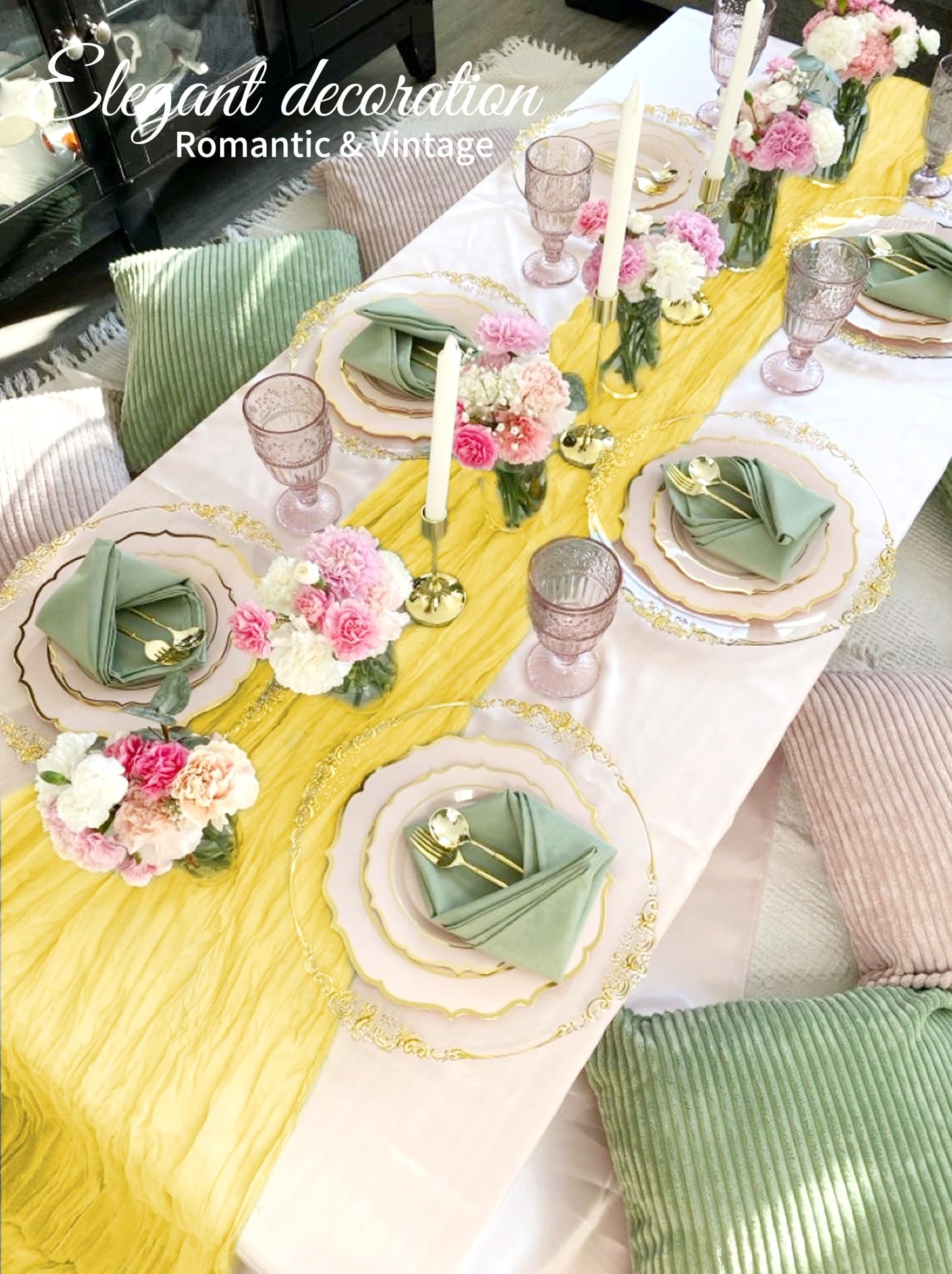 10 Pack Light Yellow Cheesecloth Table Runner 17x108 Inch Semi Sheer Boho Gauze Cheese Cloth Table Runners, for Wedding Bridal Shower Birthday Party Home Decor Garden Farmhouse