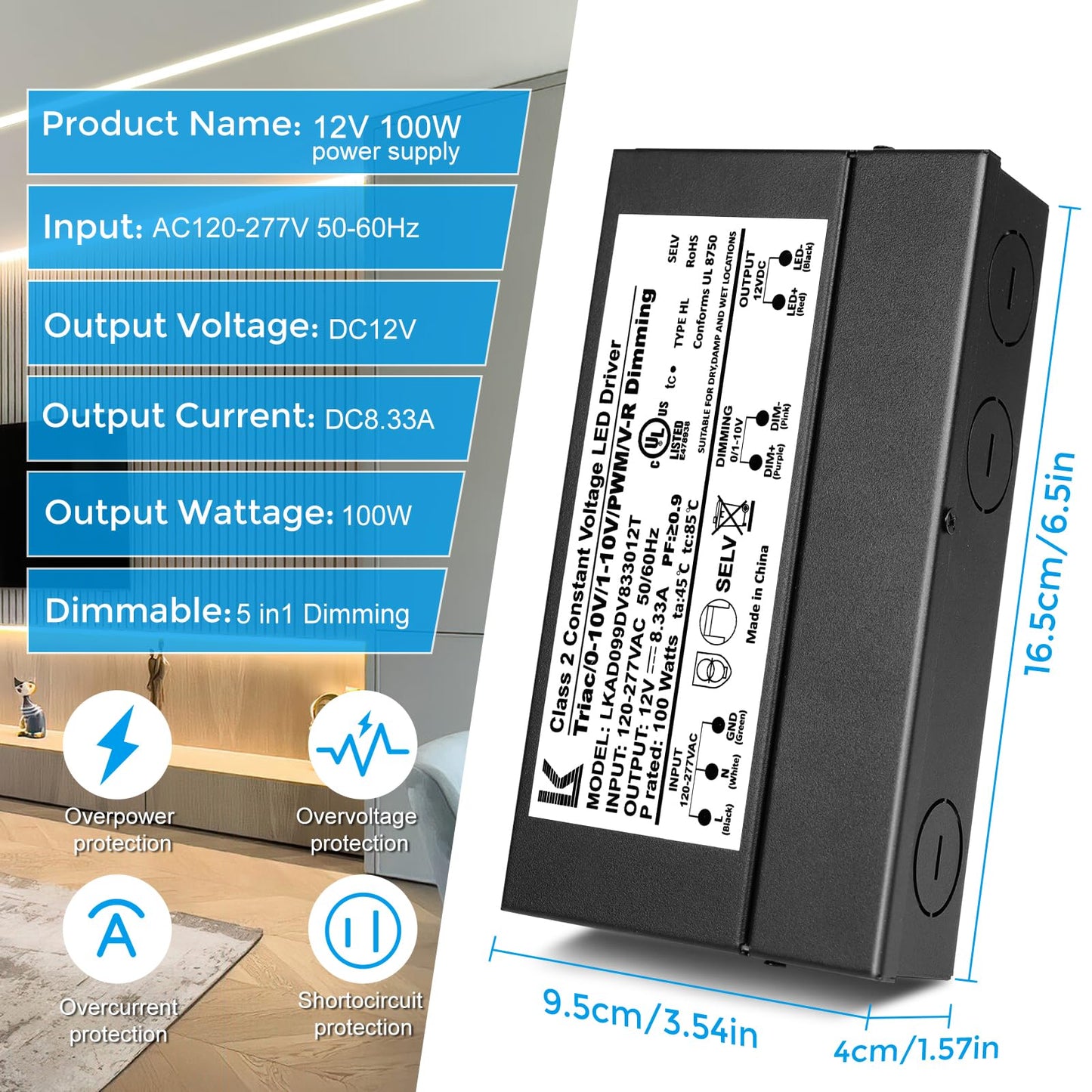 12V 100W Dimmable LED Driver, 5-in-1 Triac/ELV/MLV/0-10V/1-10V/PWM/V-R Dimming AC to DC Power Supply, IP67 Waterproof LED Transformer, UL Listed, Compatible with Lutron & Leviton Dimmer