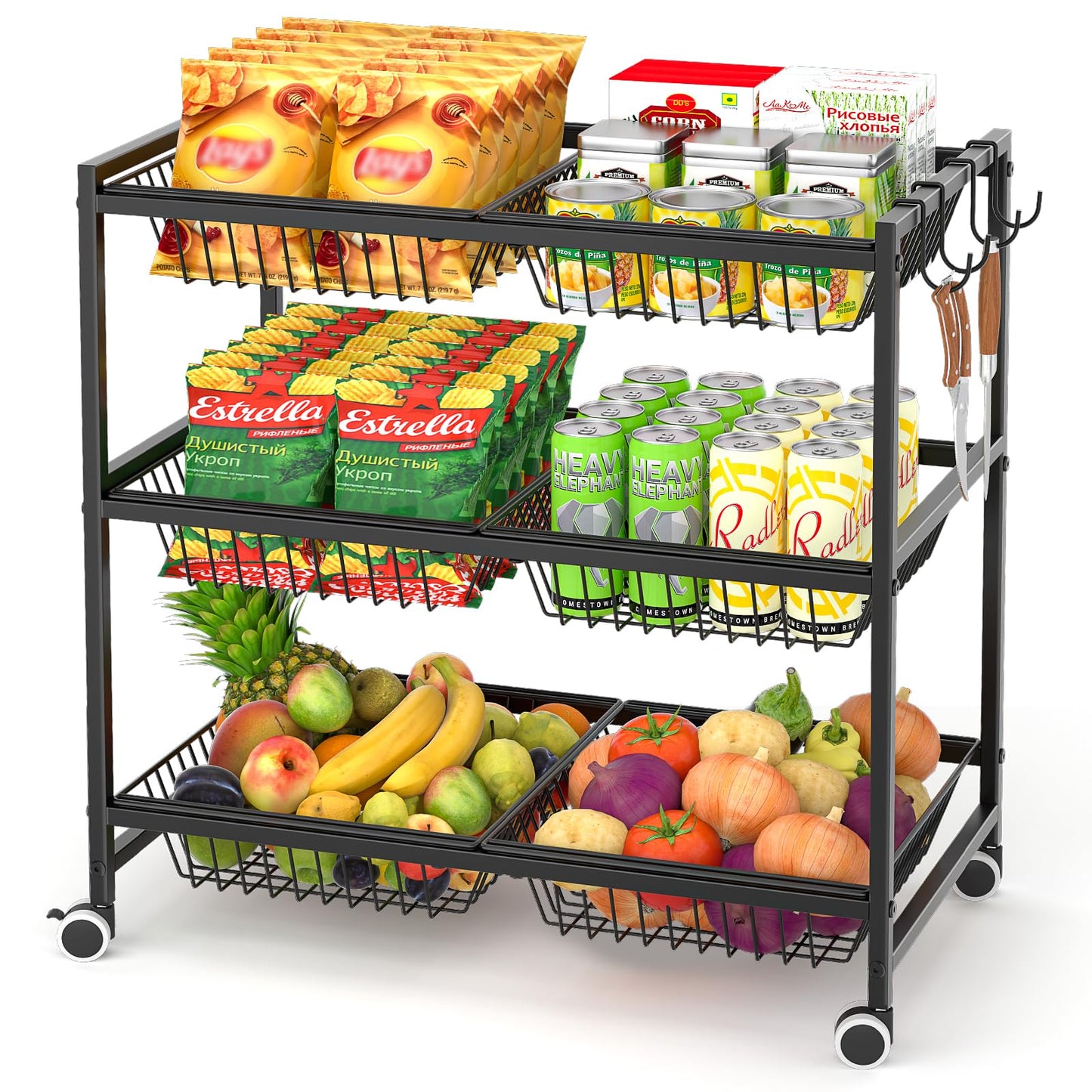 3-Tier Rolling Pantry Floor Organizer Cart with 6 Detachable Baskets, Metal Wire Fruit Basket Stand with Wheels, Kitchen Storage Cart for Fruit Vegetables, Snack Cart for Pantry Kitchen Living Room