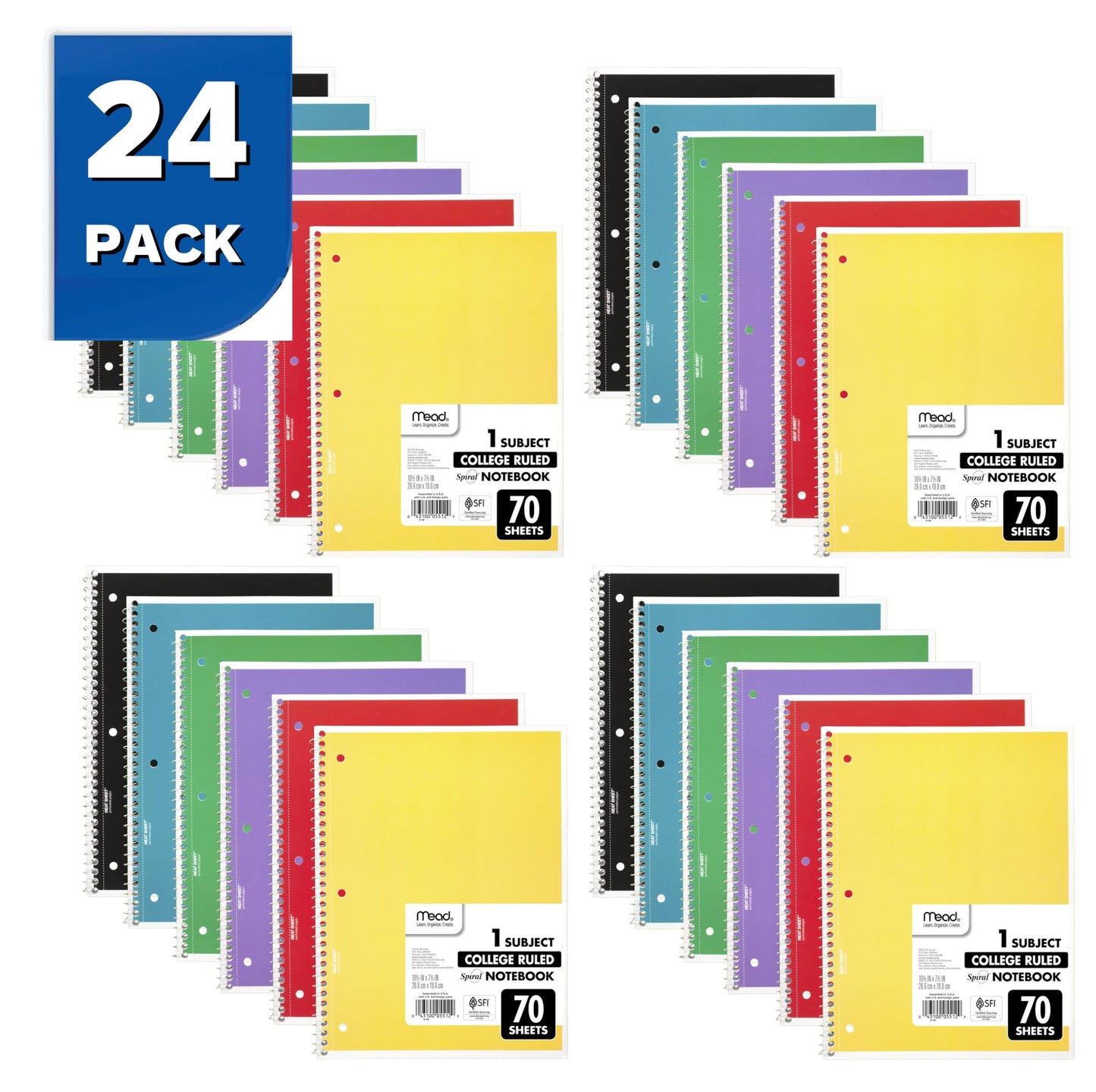 Mead Spiral Notebooks, 24 Pack, 1 Subject, College Ruled Paper, 7-1/2" x 10-1/2", 70 Sheets per Notebook, Colors Will Vary (830062-ECM25)