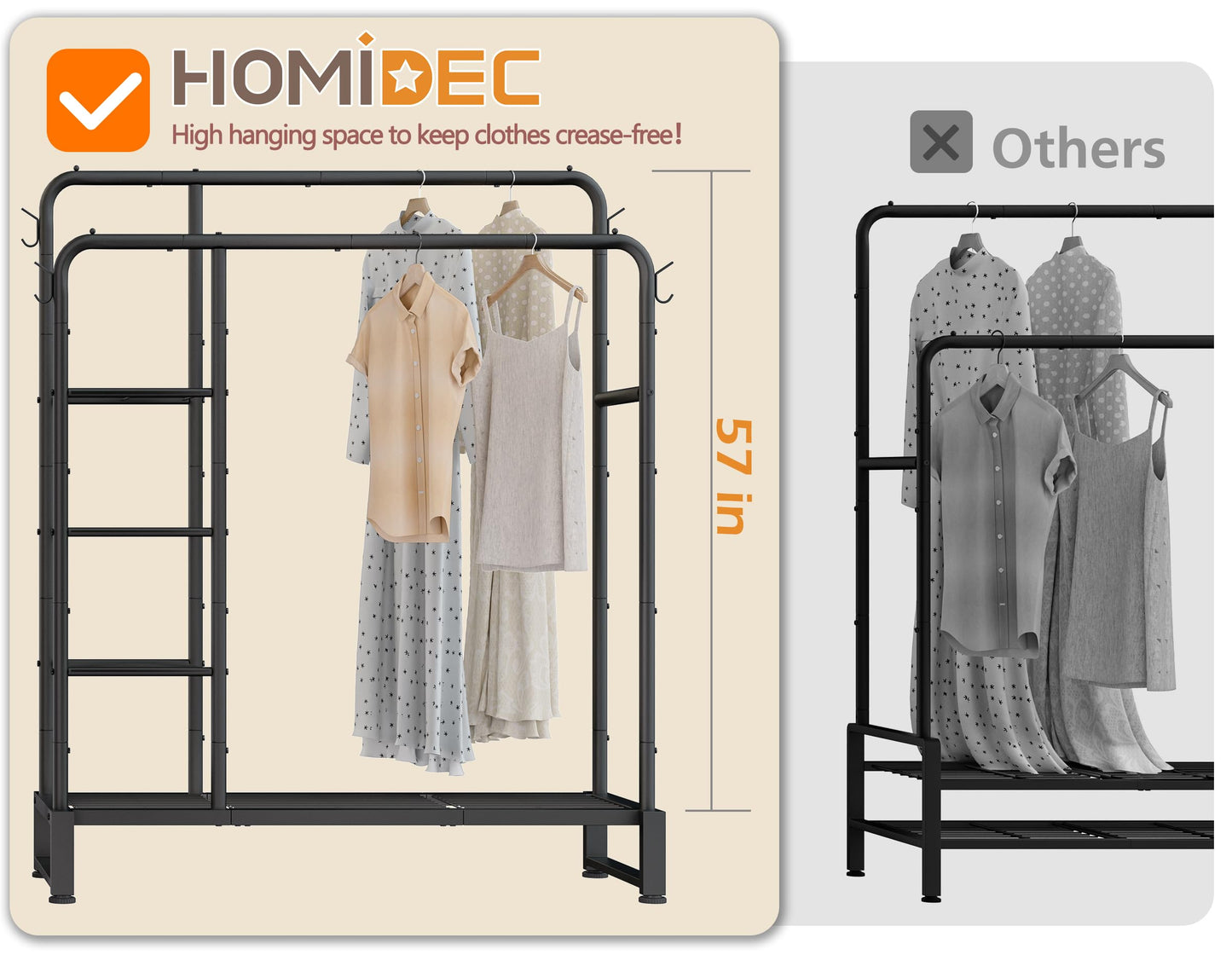 Double Rods Clothes Rack Clothing Rack with 4 Tier Storage Shelves Clothes Rack for Hanging Clothes Multifunctional Heavy Duty Clothes Organizer with Hooks for Bedroom,Wardrobe Closet,Shop,Black