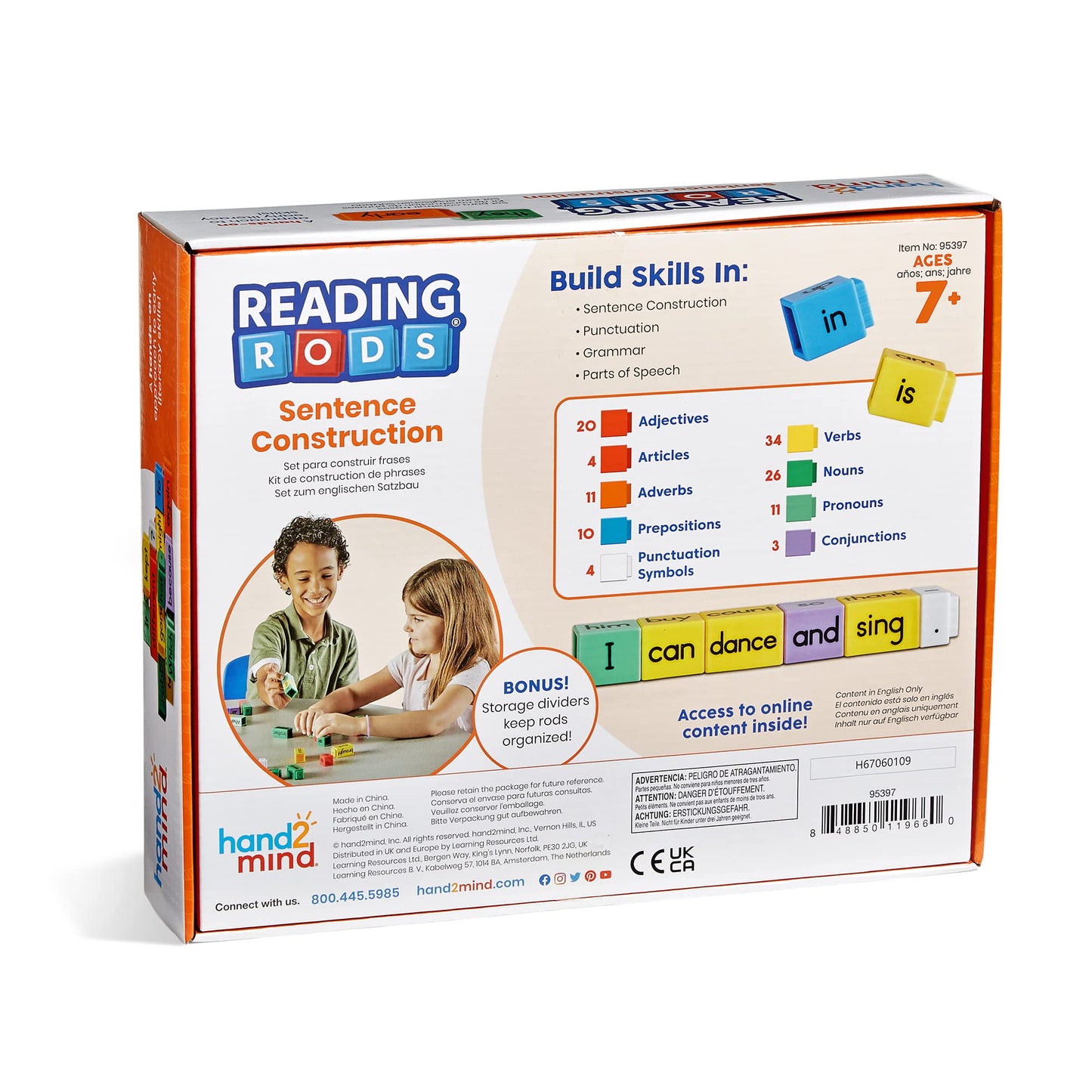 hand2mind Reading Rods Sentence Construction, Sentence Building for Kids, Parts of Speech Linking Cubes, Learn to Read Toys, Reading Tools for Kids, Science of Reading Manipulatives