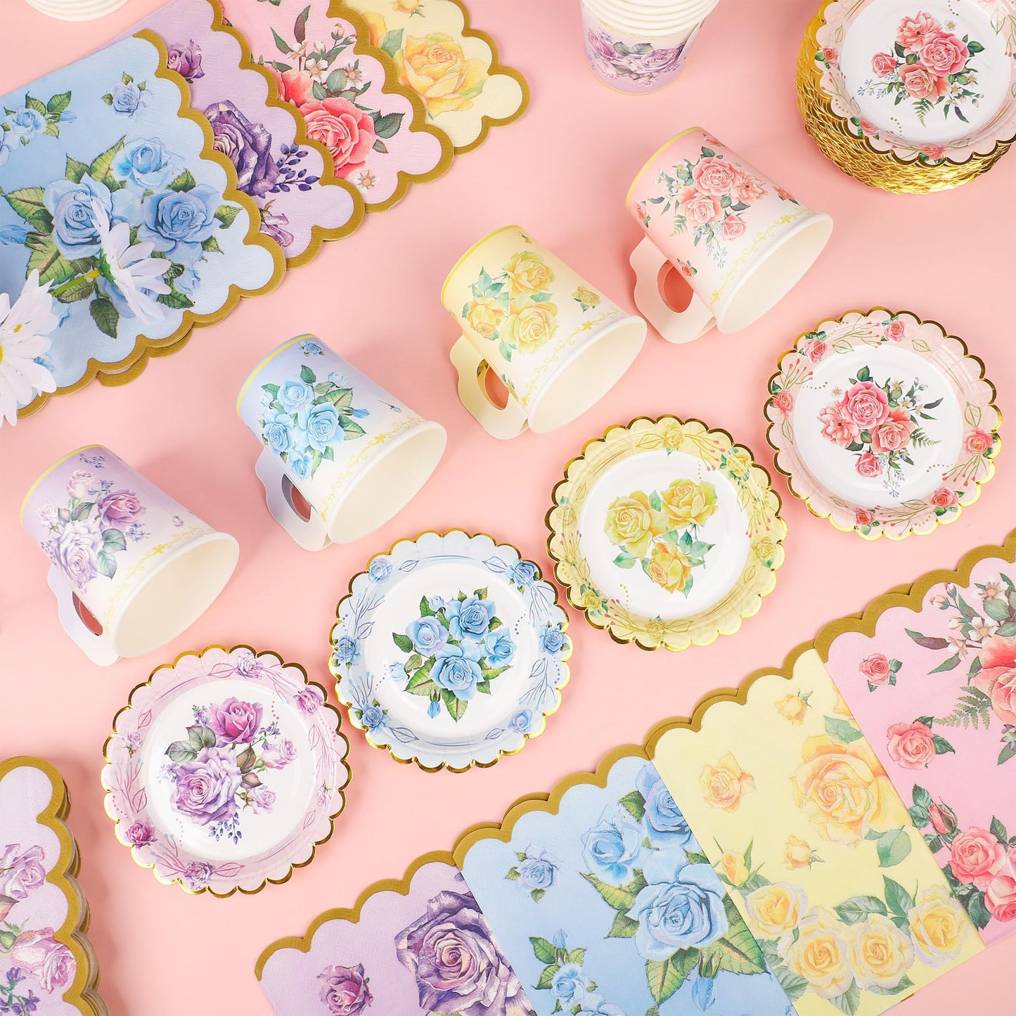 40 Set Floral Tea Cups and Saucers Disposable Tea Party Supplies Colorful Flower Teacups with Handle and Paper Napkins Dinnerware Set for Floral Theme Tea Party Birthday Wedding Bridal Shower Supply