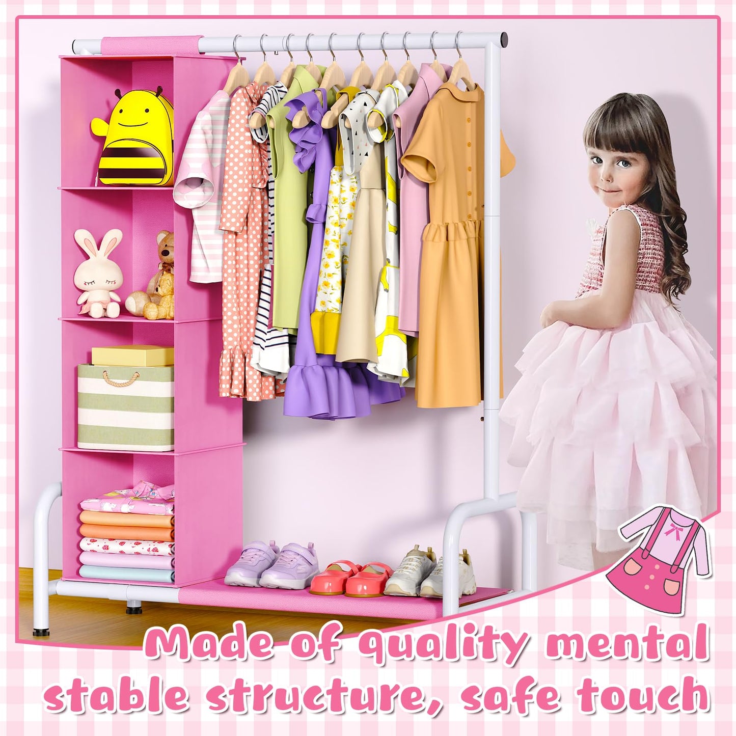 Univivi 43" Tall Kids Clothing Rack, Toddler Dress Up Storage with Hanging Organizer – Sturdy Metal Baby Closet, Space-Saving for Nursery & Bedroom, Pink/White