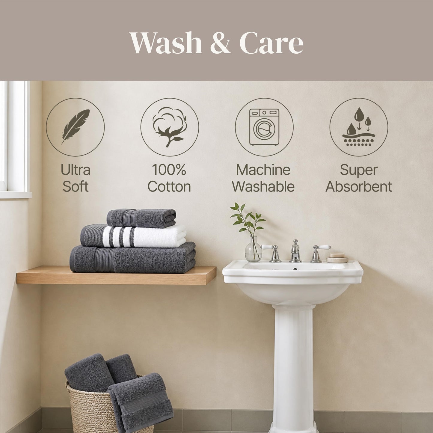 Modern Threads 6-Piece Towel Set – 100% Cotton, Quick Dry, Ultra Absorbent – Includes 2 Bath, 2 Hand, 2 Washcloths (White/Reinhart Charcoal)