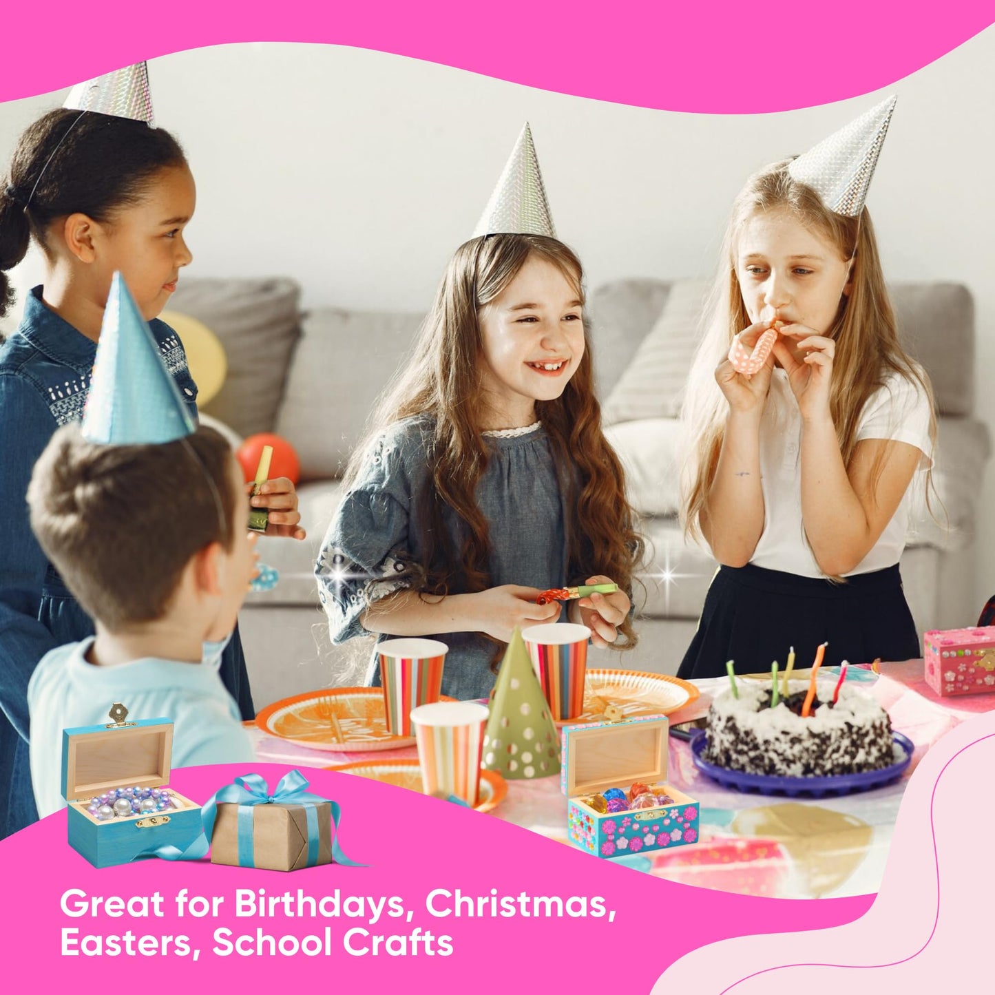 10 Sets Jewelry Box Painting Set for Kids with Stickers - Bulk Stockings & Birthday Goodie Bag Stuffer - Kids Party Favors Toy Return Gifts - Unfinished Wooden Treasure Boxes For Arts & Craft