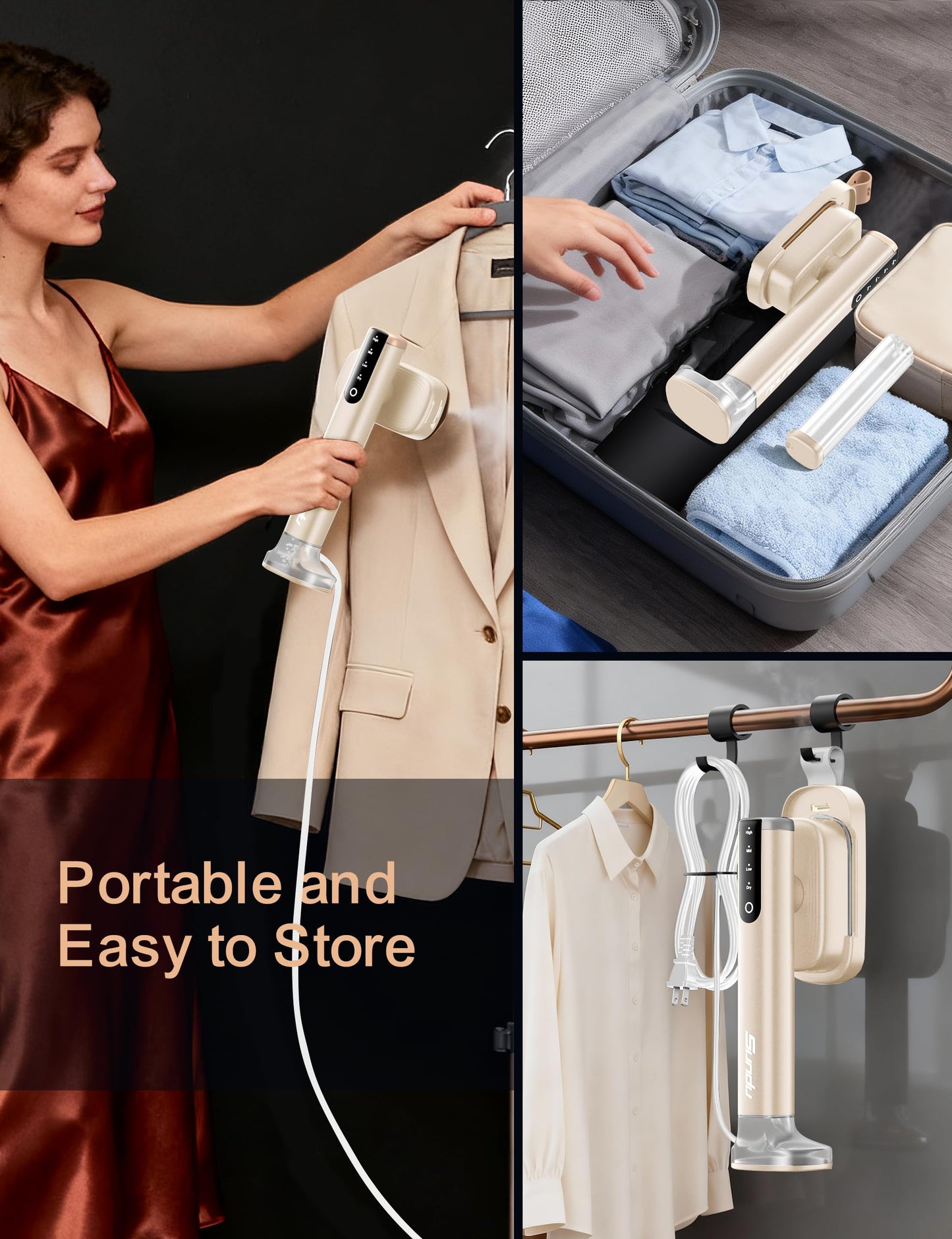 Sundu Travel Steamer for Clothes, Portable Handheld Garment Steamer, 15s Fast Heat-up, 2 Water Tanks (180 ml +100 ml), 25 Minutes of Continuous Ironing for Travel,Home Pale Gold