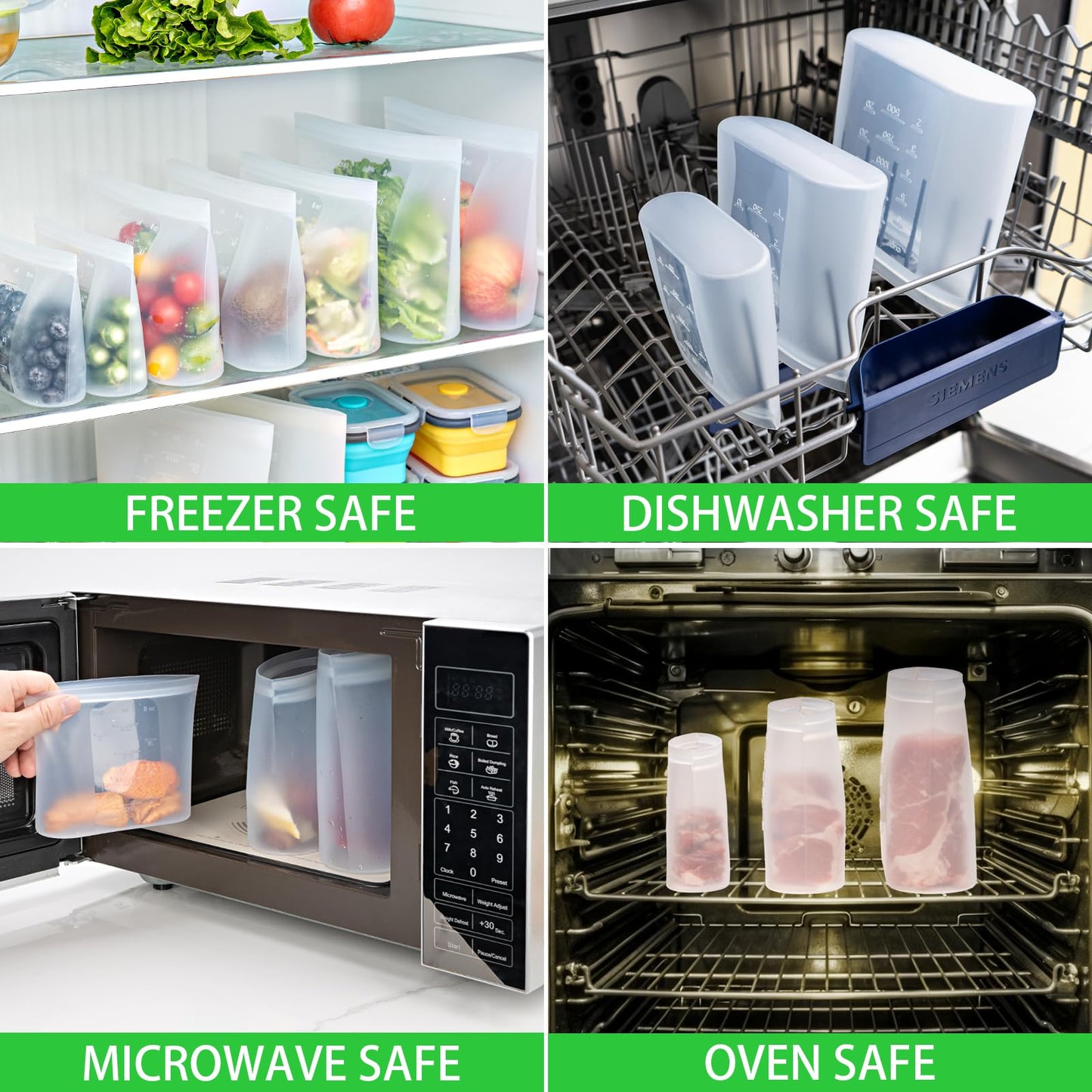 100% Platinum Silicone Reusable Storage Bags, 12 Pack, Premium Silicone Food Storage Bag Stand-Up Wide-Mouth Zip-Lock, Freezer Microwave Oven Dishwasher Safe, 4 M + 4 S + 4 XS, Crystal-Clear