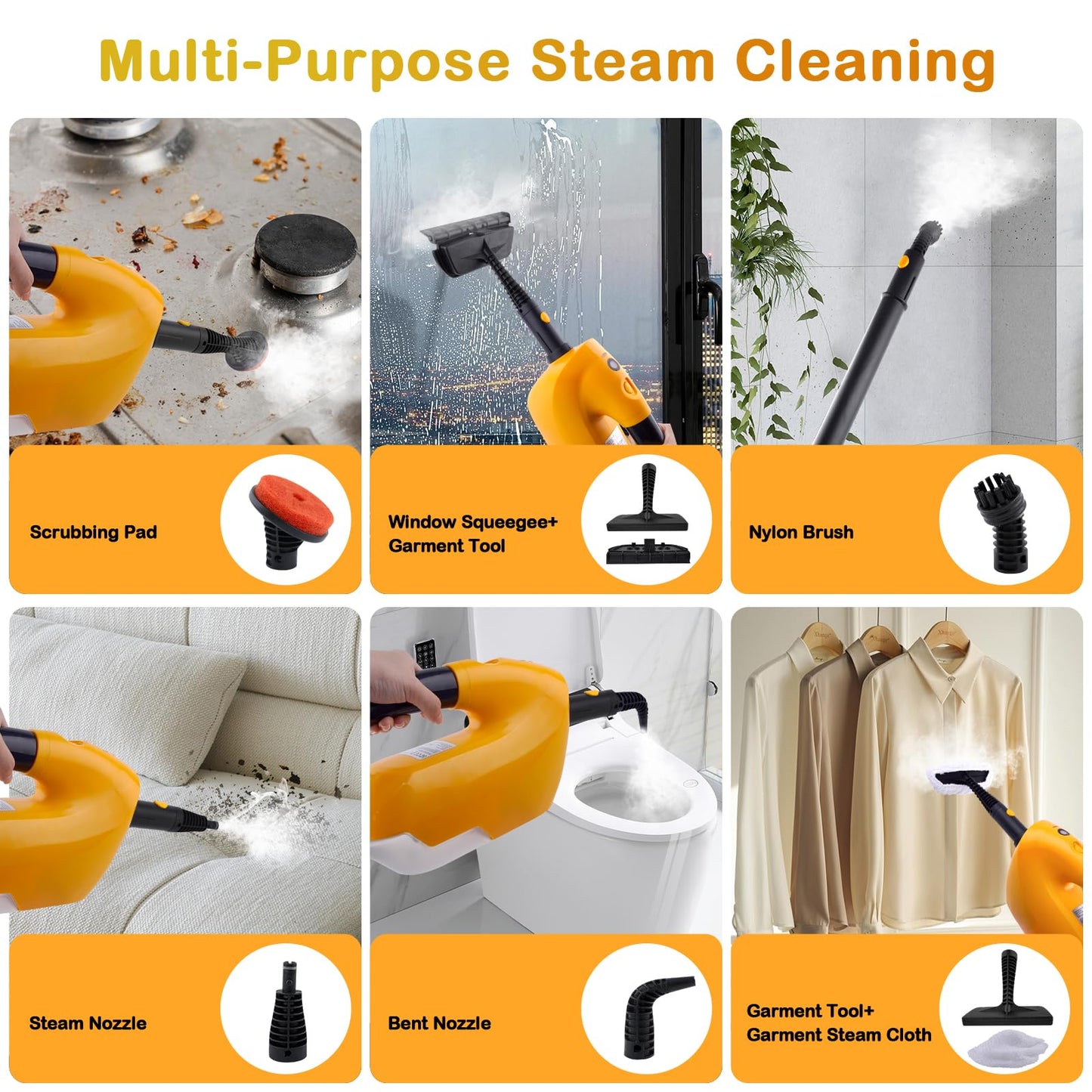 GHORA Steam Mop, All-in-one Handheld Steam Cleaner with 13 Attachments, 23FT Cord, 11.83OZ Removable Tank, Adjustable Height Steam Mops for Floor Cleaning, Hardwood Floors, Carpets, Tiles, Windows