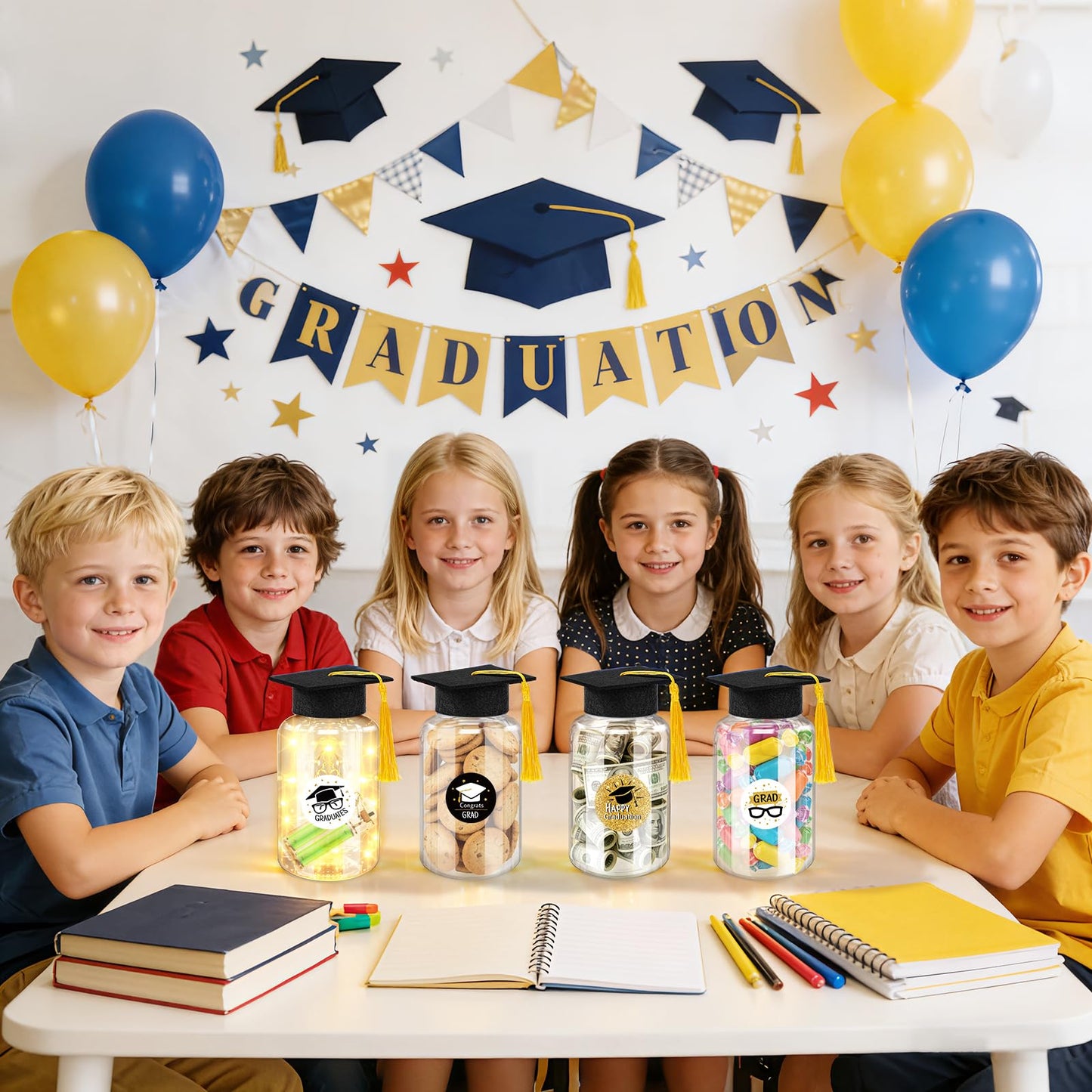 Phoncoo 16 Sets 2026 Graduation Table Decoration with LED Lights, Mason Jar Graduation Centerpieces for Tables with Grad Cap, Stickers for College High Middle School Grad Party Supplies Gifts(Black)