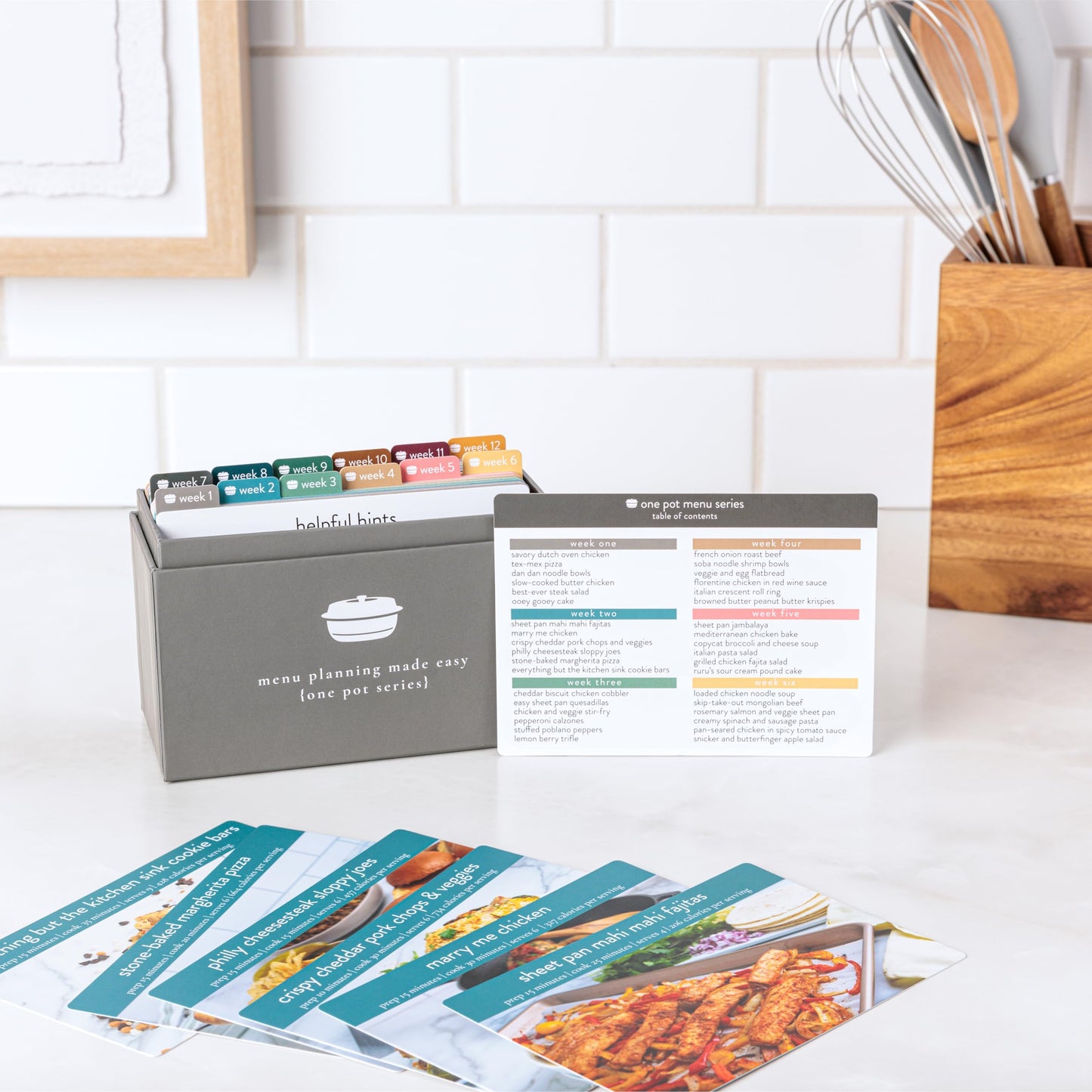 PPP One Pot Meal Planner with 72 Recipe Cards (Photo Edition) - Weekly Menu Plans | Sturdy Recipe Box | 12 Reusable Grocery Shopping Lists | 5 Blank Recipe Cards | Recipe Card Protector | Recipe Ideas