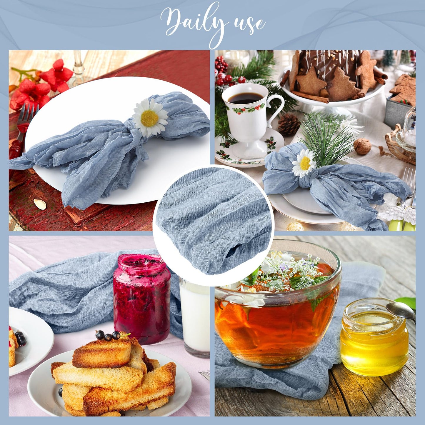 100 Pieces Gauze Cheesecloth Napkins 19.7 x 19.7 Inch Dinner Cloth Napkins with Wrinkled Decorative Cloth Napkins for Home Wedding Rustic Table Decoration (Dusty Blue)