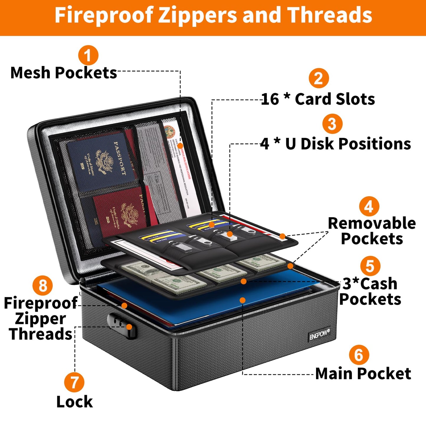 ENGPOW Fireproof Document Box, Hard Case File Box with Fireproof Zipper&Lock, 6400°F Heat Insulated Fire and Water Resistant Portable File Organizer Storage Home Safe for Documents Laptop Cash Black