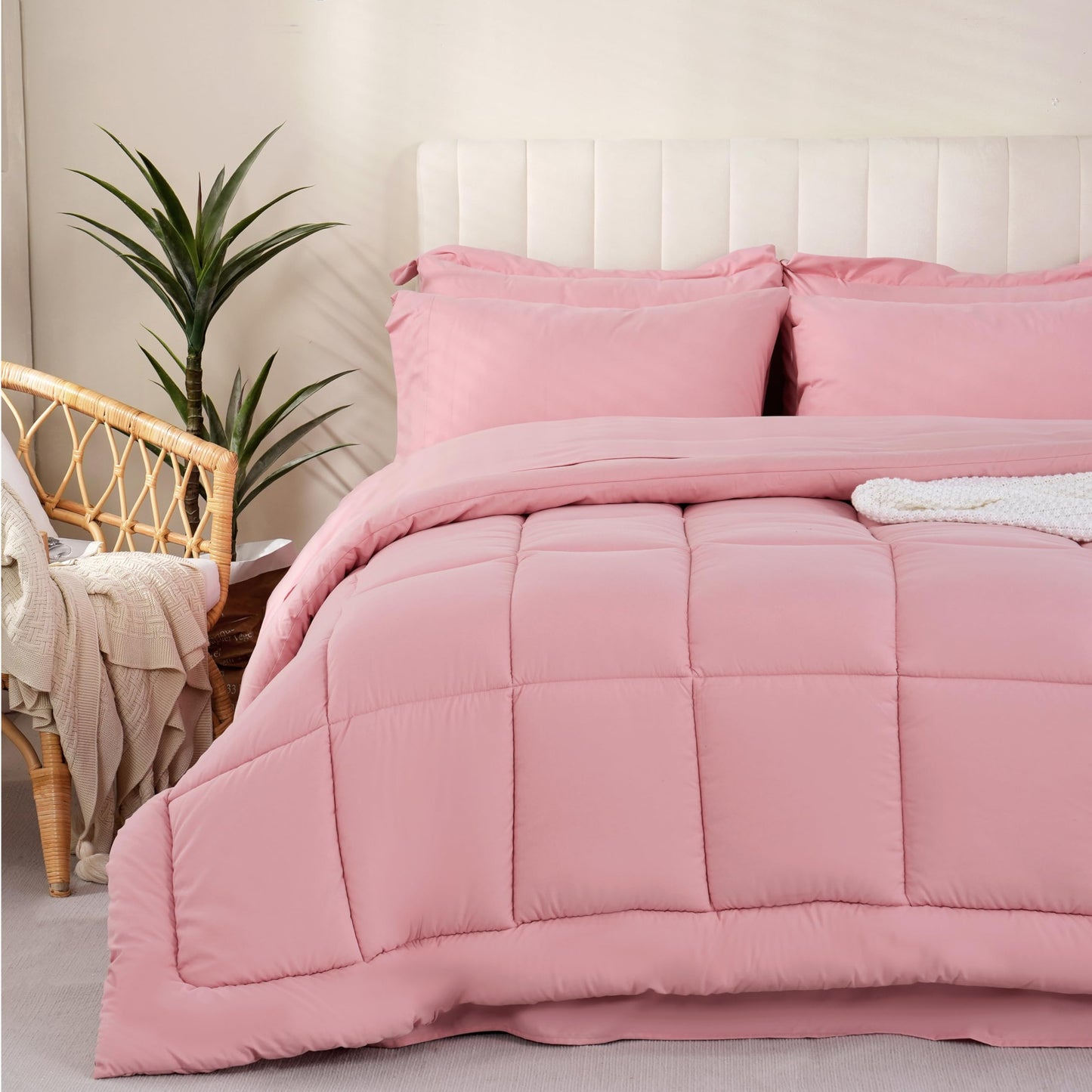DOWNCOOL Full Size Comforter Sets, 7Pcs Full Size Bedding Sets Pink, All Season Down Alternative Bedding Comforter Sets with Comforter, Flat Sheet, Fitted Sheet, 2 Pillow Shams & 2 Pillowcases