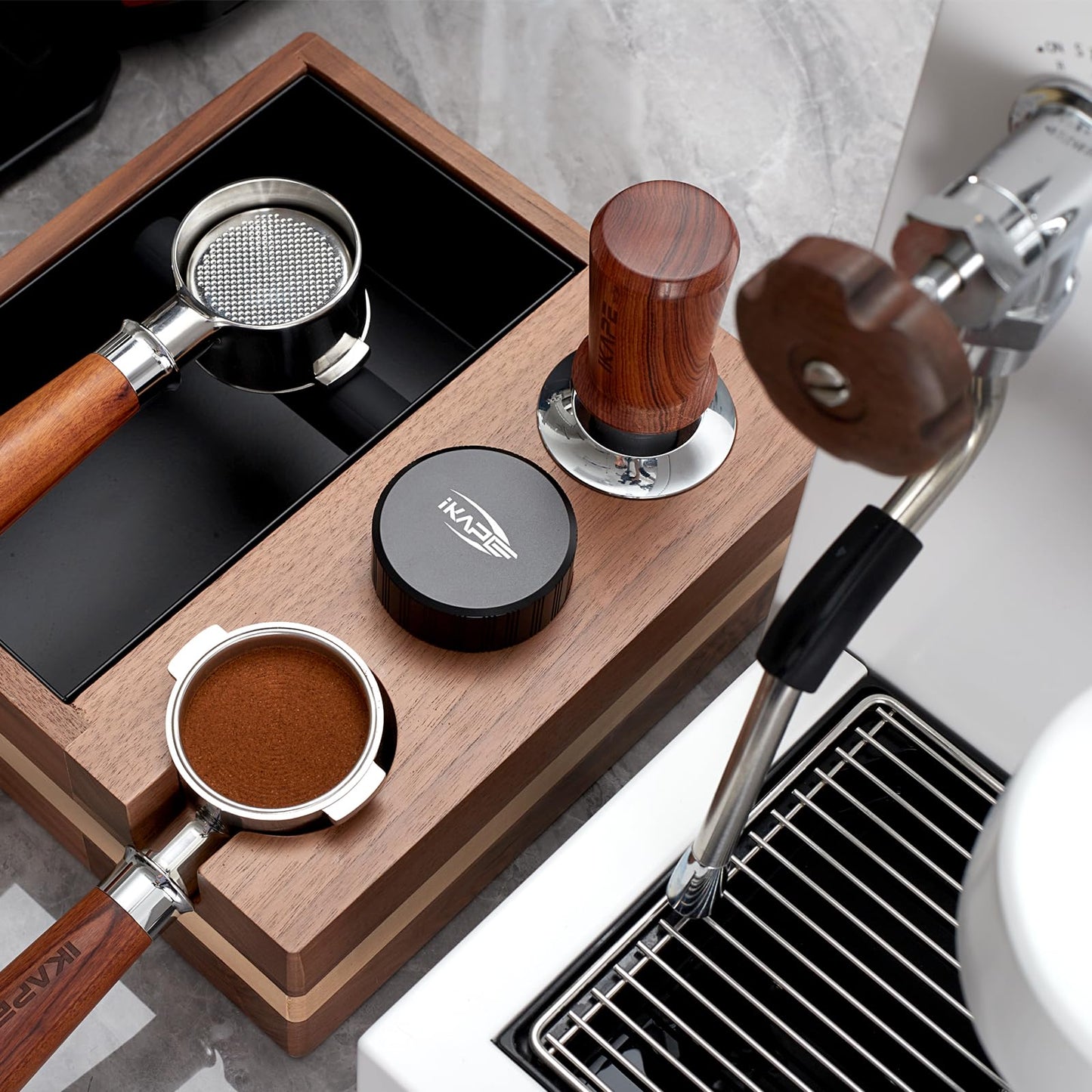 IKAPE 51mm Espresso Coffee Tamper, Spring-loaded Calibrated Tamper with Premium Stainless Steel, Walnut Wooden-Handle Tamper Compatible with All 51mm Espresso Machine Bottomless Portafilter