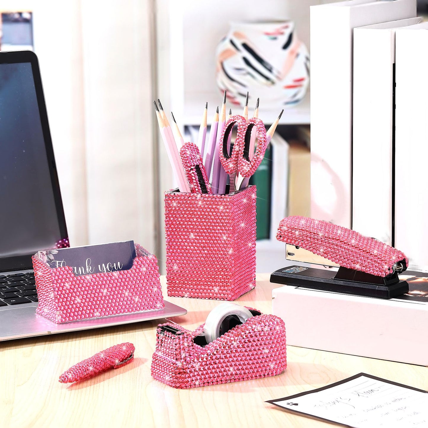 Demissle Pink 7 Pieces Bling Desk Accessories Set Glitter Crystal Office Stationery Kit for Women Diamond Tape Dispenser Rhinestone Stapler Cardholder Pencil Pot Holder Scissor Ballpoint Knife