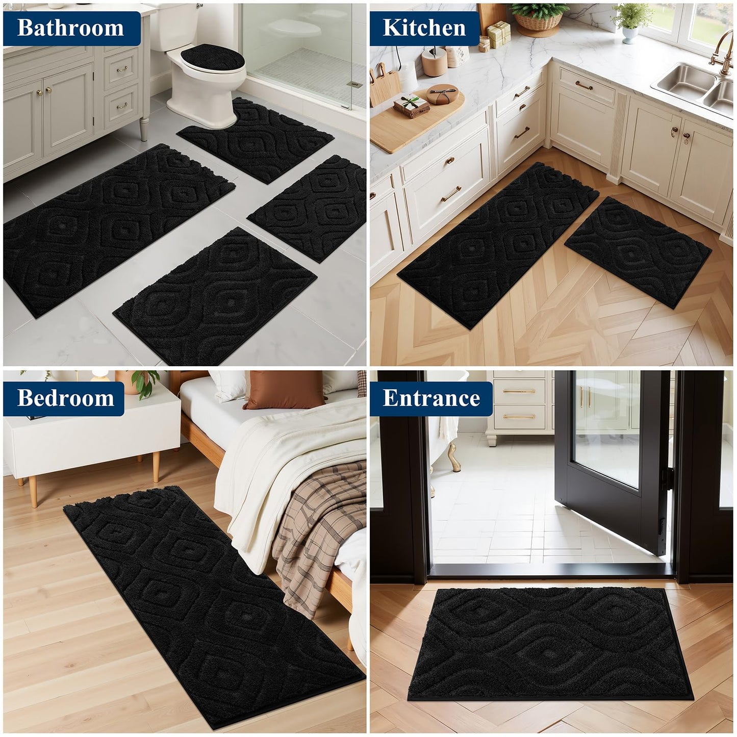 Ileading Bathroom Rugs Sets 5 Piece, Ultra Soft Absorbent Bath Mat for Bathroom, Non Slip Washable Bath Rug Set with Toilet Cover, Plush Bath Runner and U-Shaped Contour Toilet Rug, Black