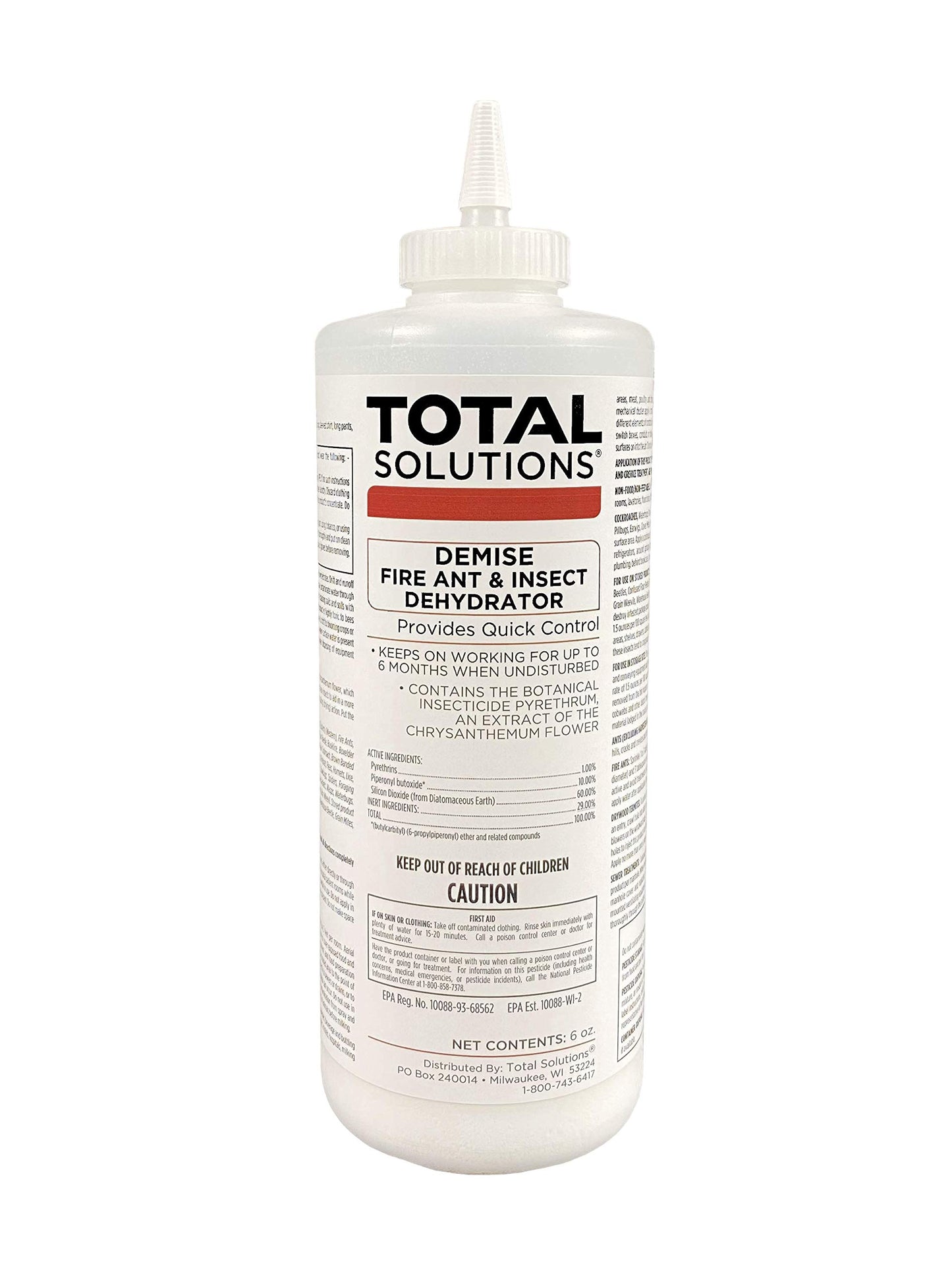 Total Solutions Demise | Powdered fire ant and Insect dehydrator Featuring Pyrethrin for Fast Knockdown of pests and Silicon Dioxide to dehydrate Insects on Contact. (6 oz)