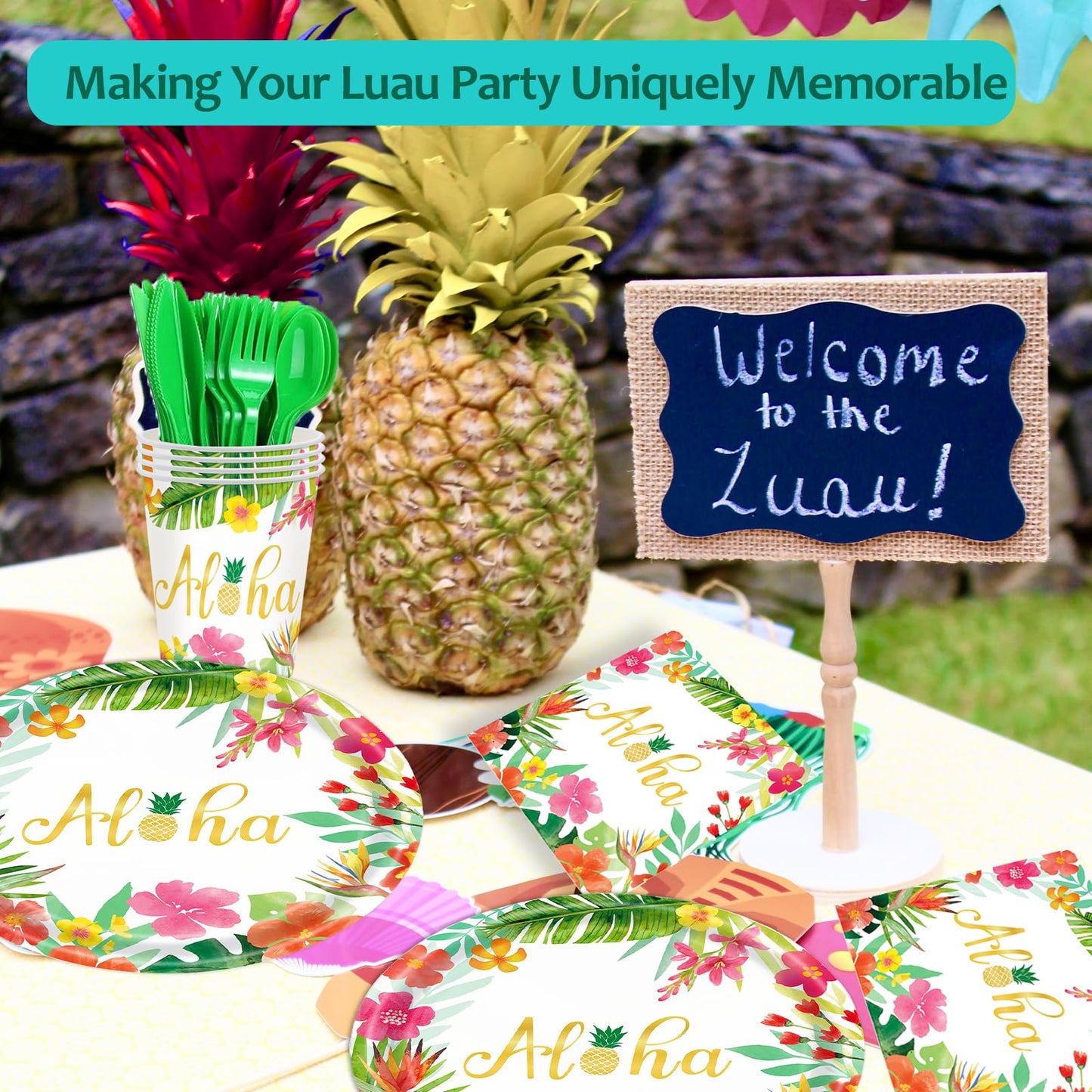 Hawaiian Luau Party Decorations Supplies - 175 PCS Aloha Tropical Birthday Party Decorations Disposable Dinnerware Set (25 Guest) With Paper Plates Napkin Cup for Summer Beach Themed Pool