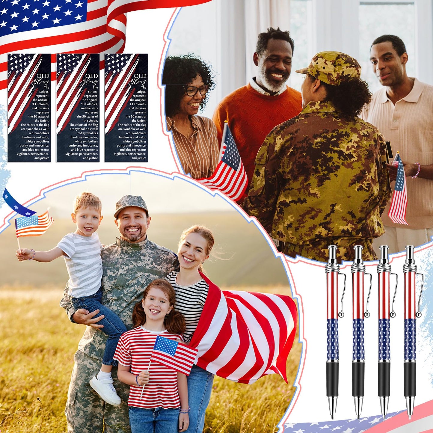 Sayglossy 180 Pcs Memorial Day 250th Anniversary Ballpoint Pen Rope Bracelets and Star Stripe Bookmarks Military Appreciation for Army Veterans Patriotic Party Independence Day Accessories (Old Glory)