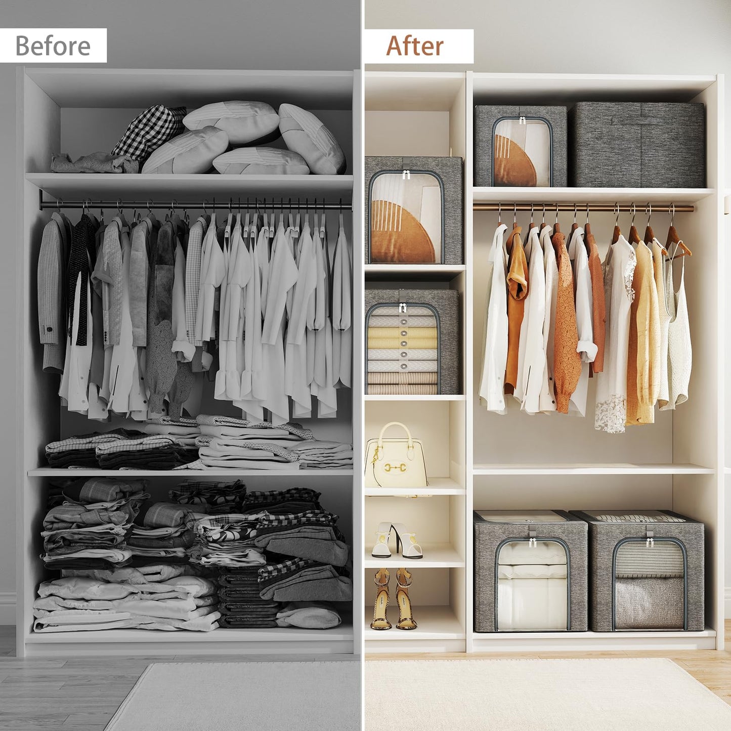 GoMaihe Clothes Storage Bin with Metal Frame: 6-Pack Stackable Closet Storage Bin with Lid & Clear Window, Sweater Boxes Storage for Closet Bedding Clothing Storage Organizer 40L