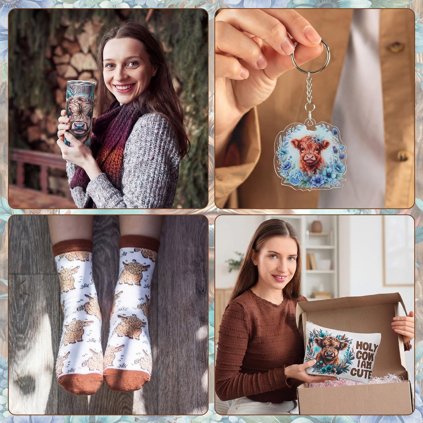 Tiangrid 6 Pcs Highland Cow Gifts for Women Include 20 oz Stainless Steel Tumbler with Lid and Straw Cosmetic Bag Throw Blanket Keychain Socks Handbag for Women Girls(Teal & Brown)