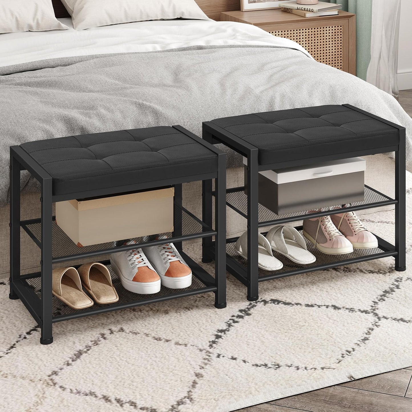 HOOBRO Small Shoe Bench, 3-Tier Shoe Rack, Shoe Storage Bench with PU Seat Cushion, Entryway Shoe Rack Bench with Metal Mesh Shelves, Freestanding Shoe Organizer for Hallway, Black BB33HX01