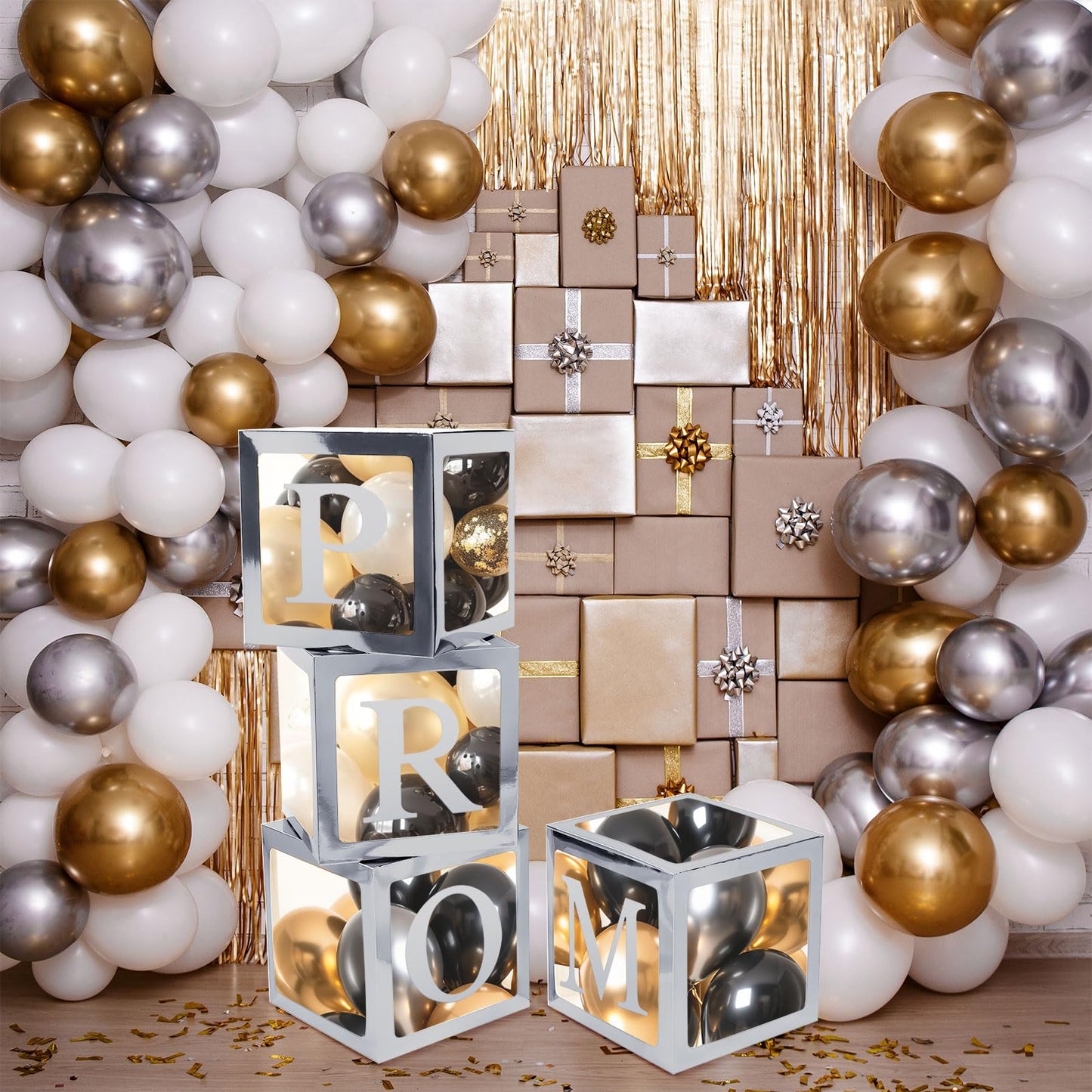 Trandraft 4 Pcs Prom Boxes with Letters 11.8 x 11.8 x 11.8 Inch Clear Balloon Boxes Transparent High School College Graduation Party Favors Supplies(Prom,Silver)
