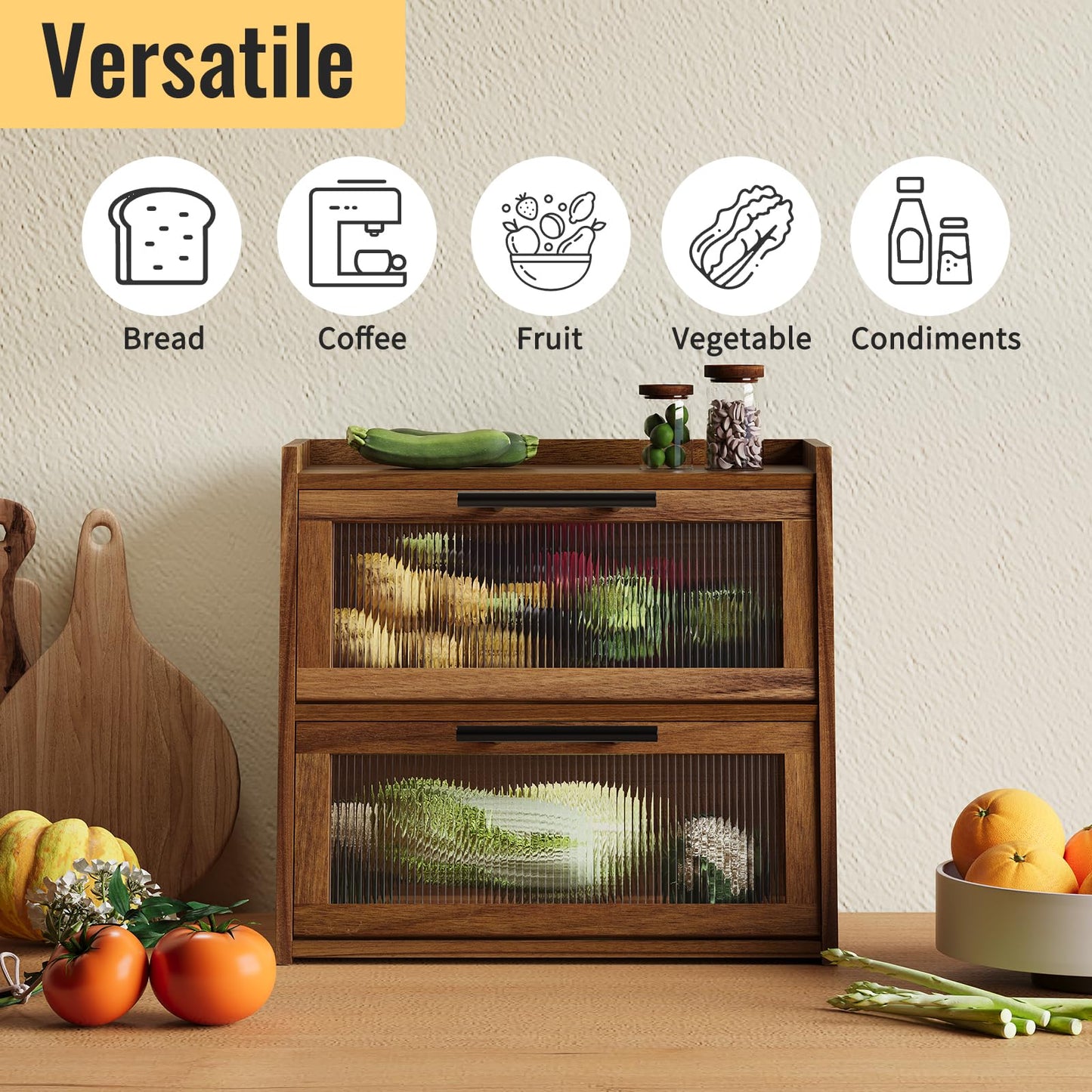 Furshus Bread Box for Kitchen Counter, Wooden Double Layer Bread Storage Container Bin,Bread Holde,Countertop Bread Storage with Window